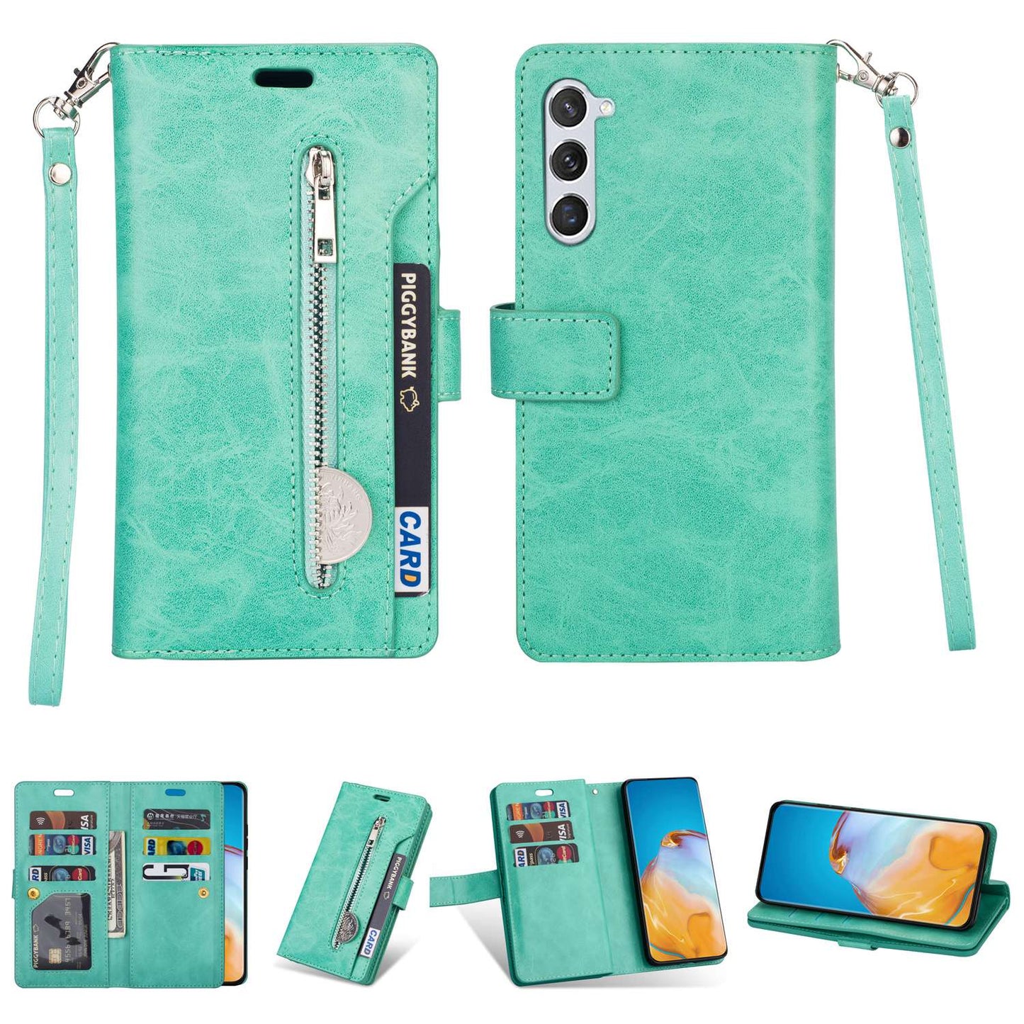 For Samsung Galaxy S24 Case Zipper Pocket Multifunctional Leather Phone Cover - Mint Green