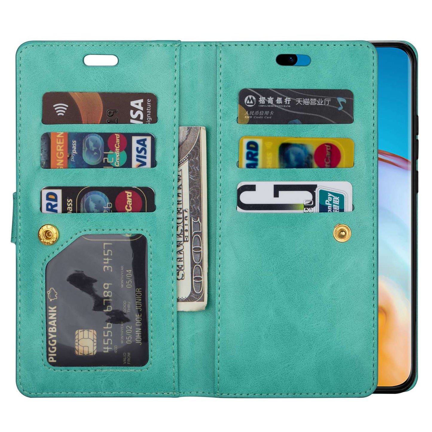 For Samsung Galaxy S24 Case Zipper Pocket Multifunctional Leather Phone Cover - Mint Green