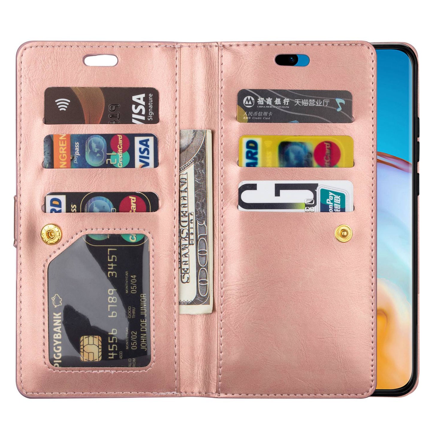 For Samsung Galaxy S24 Case Zipper Pocket Multifunctional Leather Phone Cover - Rose Gold