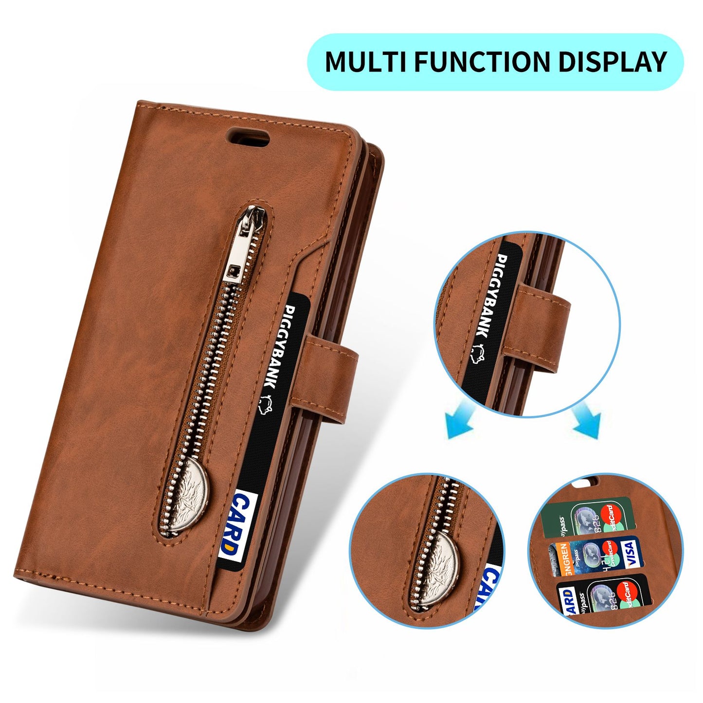 For Samsung Galaxy S24 Case Zipper Pocket Multifunctional Leather Phone Cover - Brown