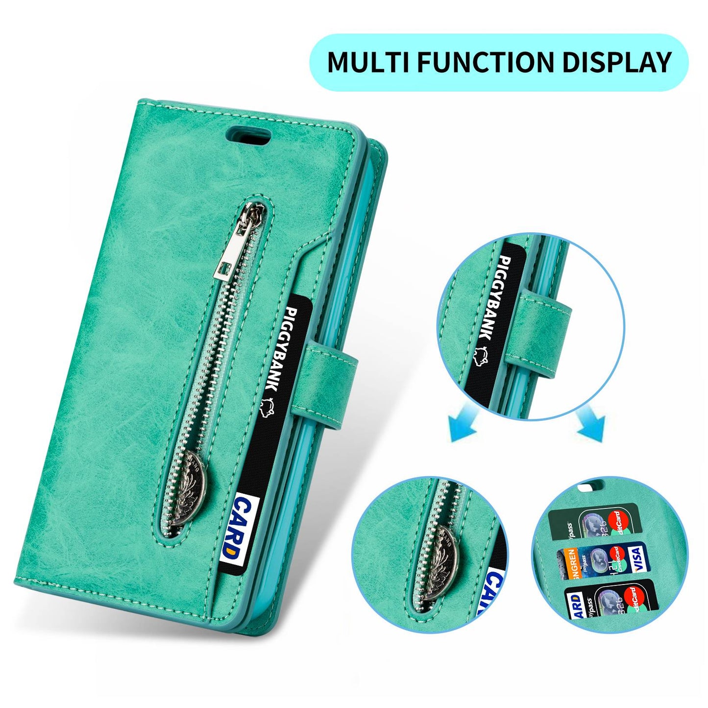 For Samsung Galaxy S24+ Case Leather Cover with Zipper Pocket Wallet - Mint Green