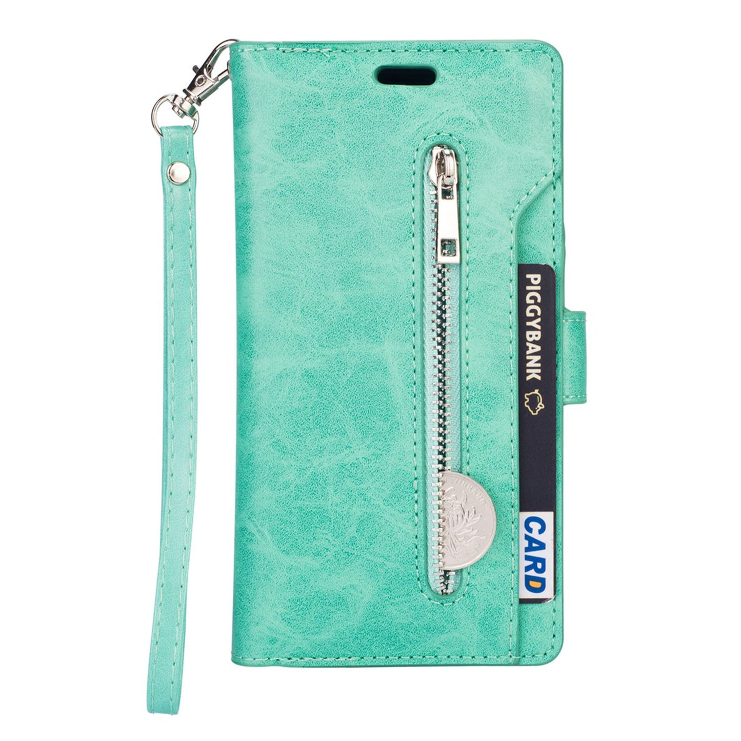 For Samsung Galaxy S24+ Case Leather Cover with Zipper Pocket Wallet - Mint Green