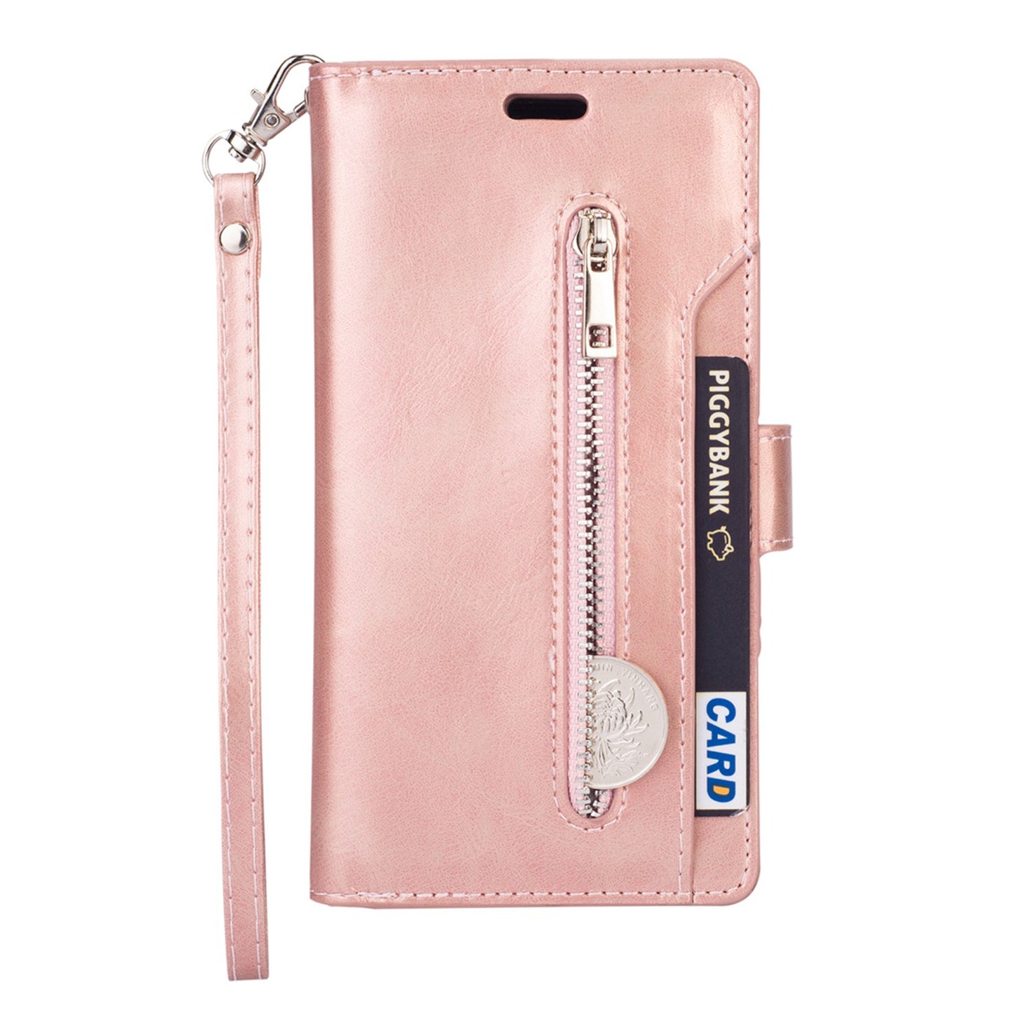 For Samsung Galaxy S24+ Case Leather Cover with Zipper Pocket Wallet - Rose Gold