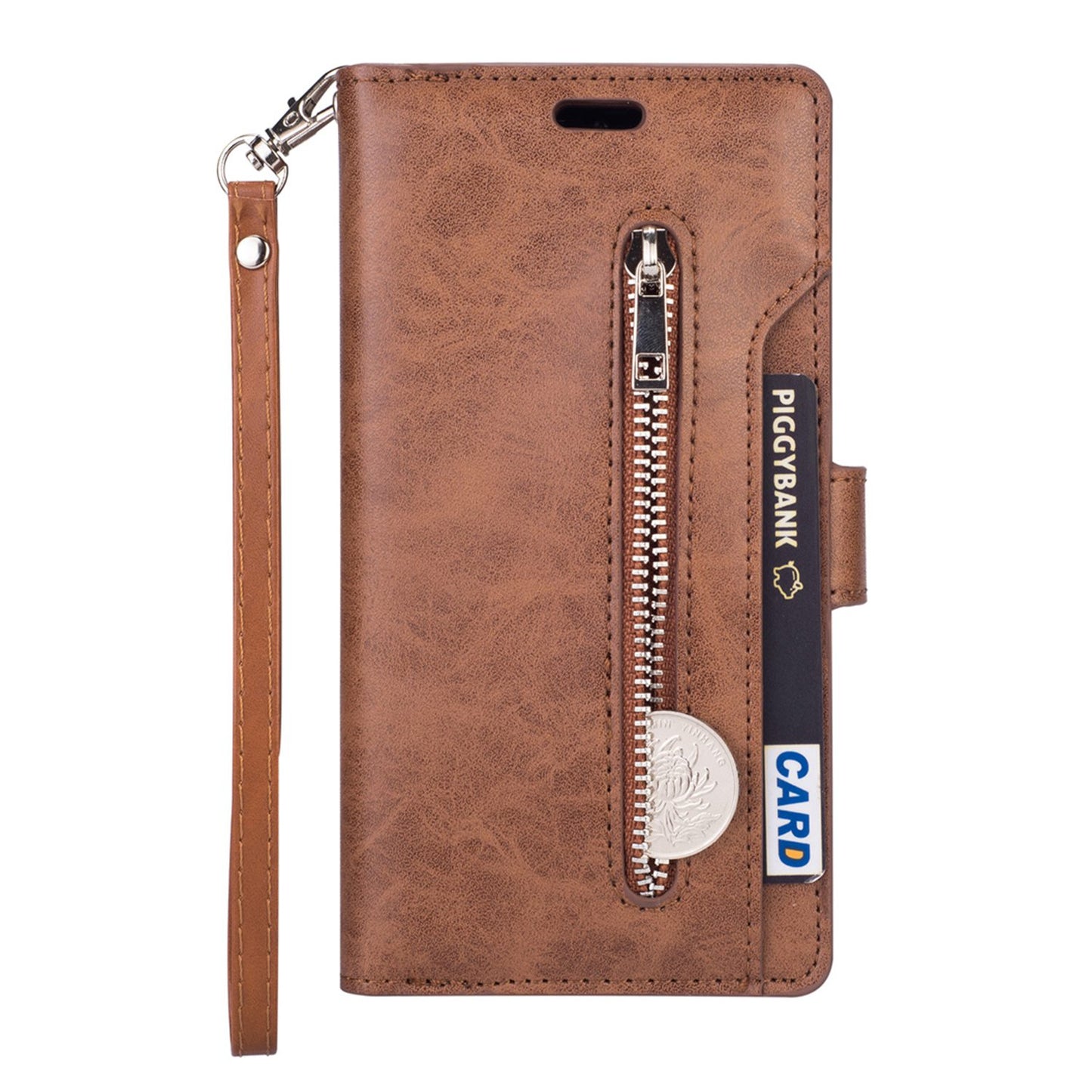 For Samsung Galaxy S24+ Case Leather Cover with Zipper Pocket Wallet - Brown