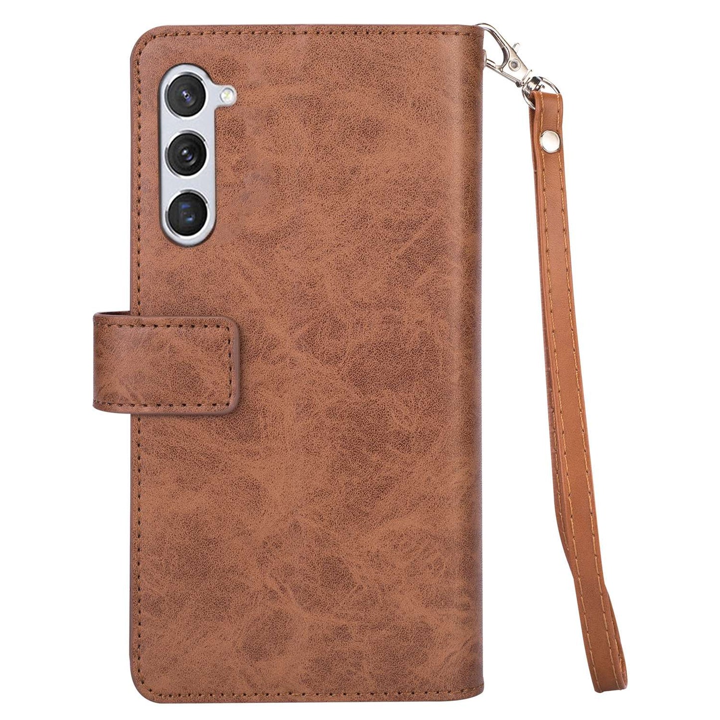 For Samsung Galaxy S24+ Case Leather Cover with Zipper Pocket Wallet - Brown