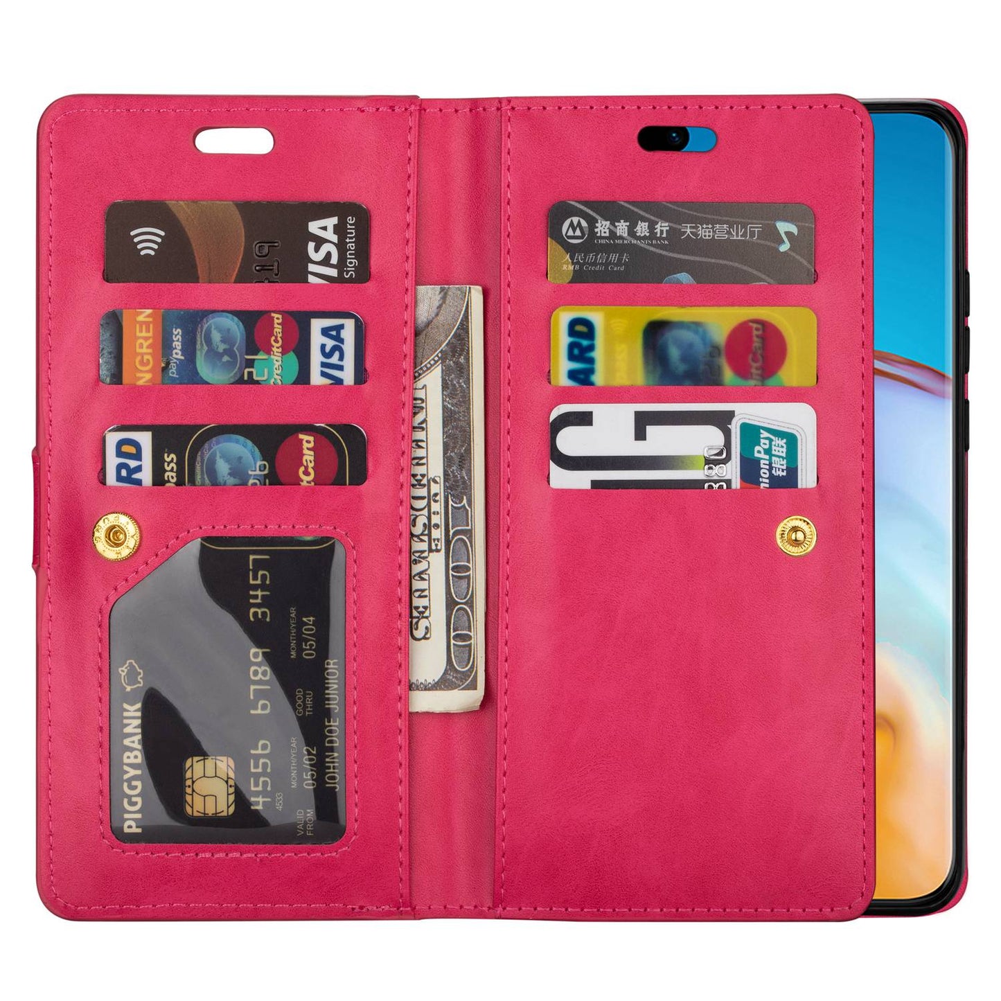 For Samsung Galaxy S24 Ultra Case Zipper Pocket Multiple Card Slots Phone Cover - Rose