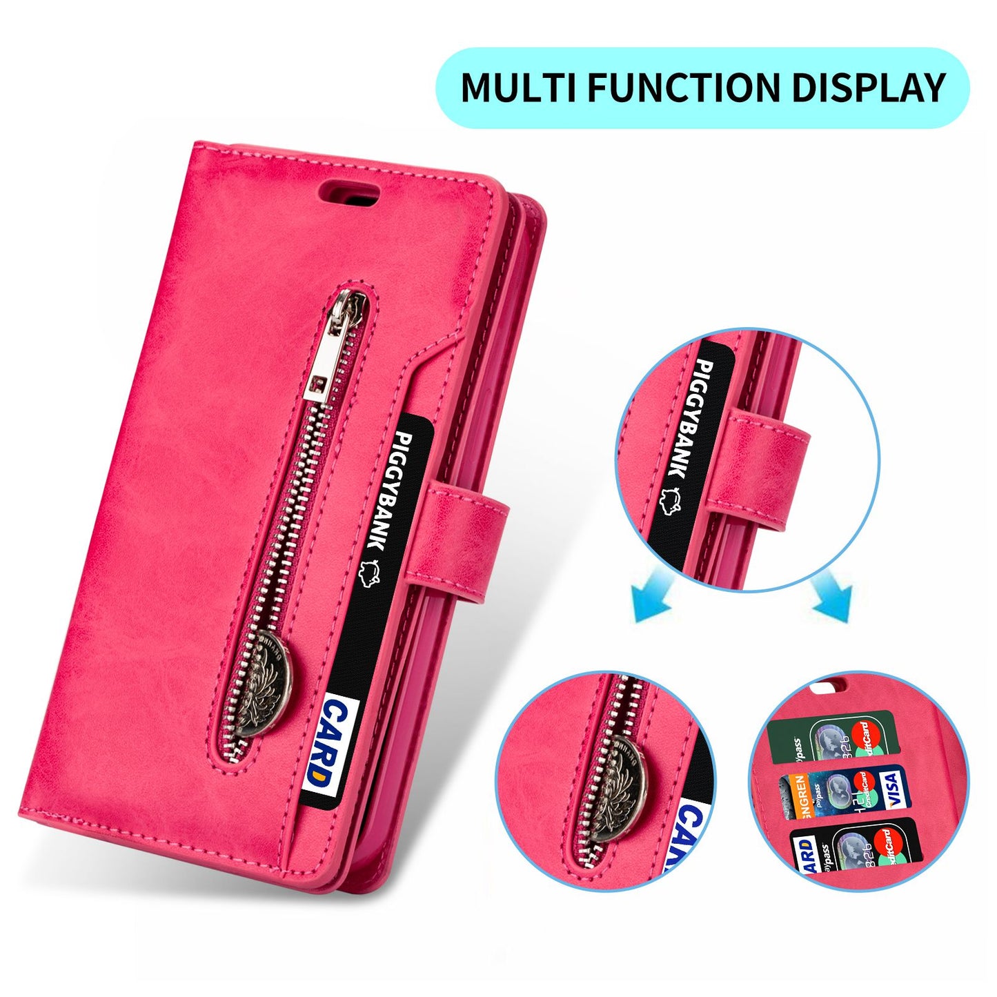 For Samsung Galaxy S24 Ultra Case Zipper Pocket Multiple Card Slots Phone Cover - Rose