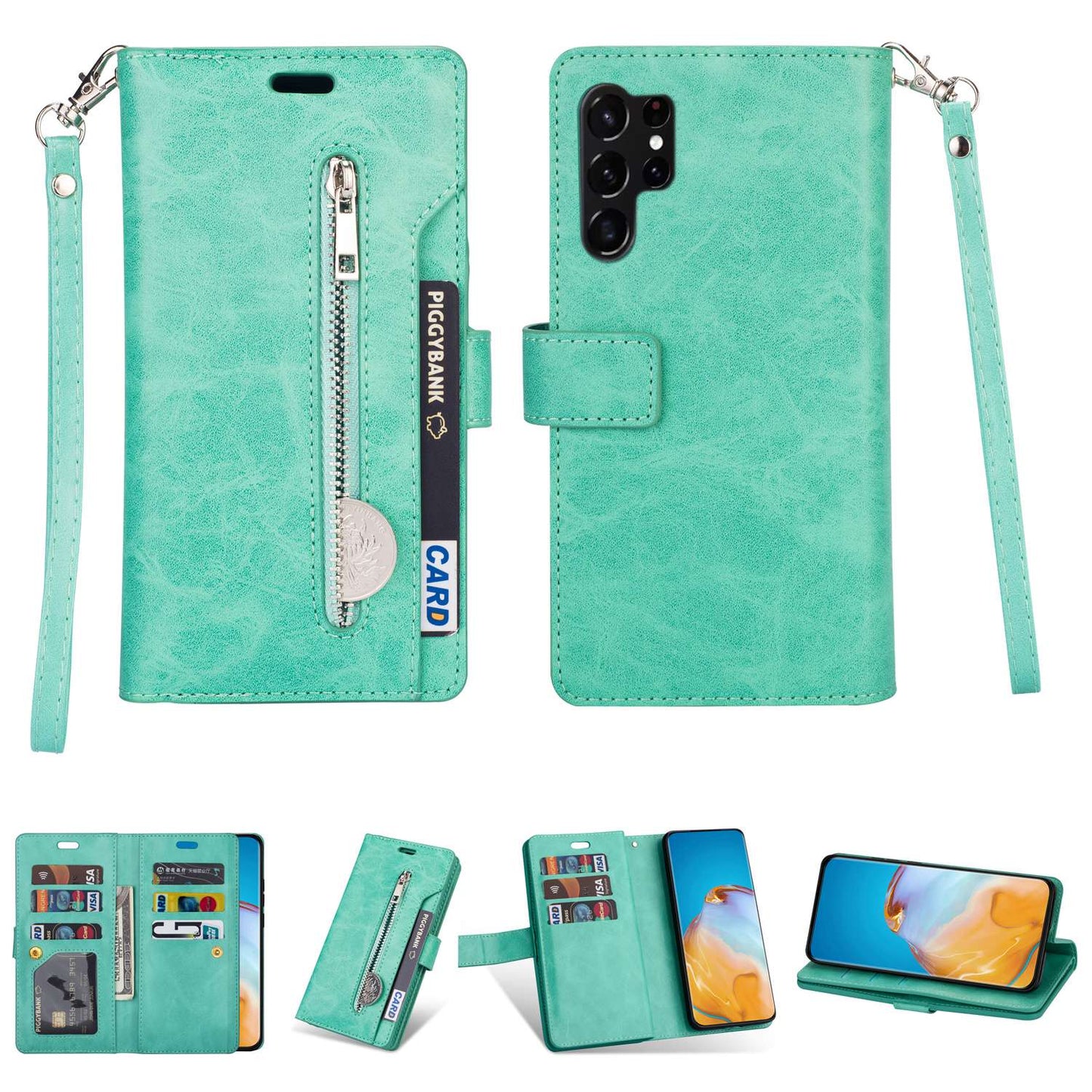 For Samsung Galaxy S24 Ultra Case Zipper Pocket Multiple Card Slots Phone Cover - Mint Green