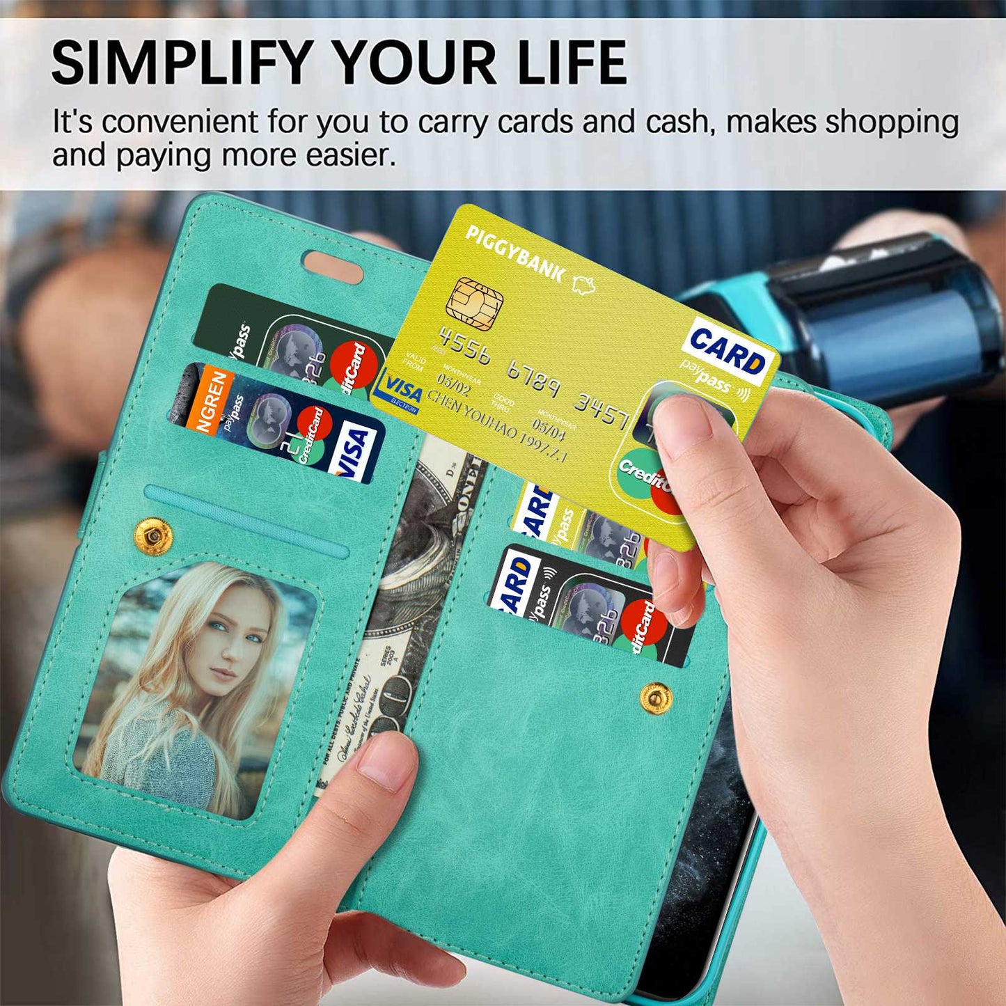 For Samsung Galaxy S24 Ultra Case Zipper Pocket Multiple Card Slots Phone Cover - Mint Green