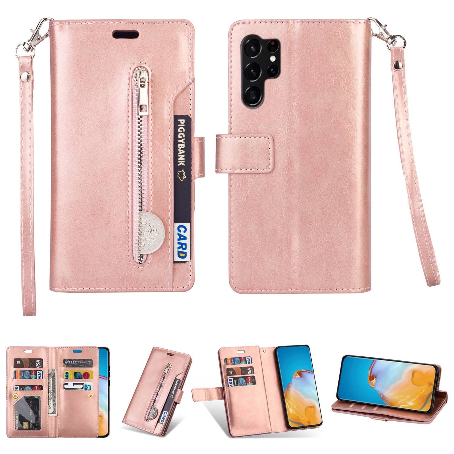 For Samsung Galaxy S24 Ultra Case Zipper Pocket Multiple Card Slots Phone Cover - Rose Gold
