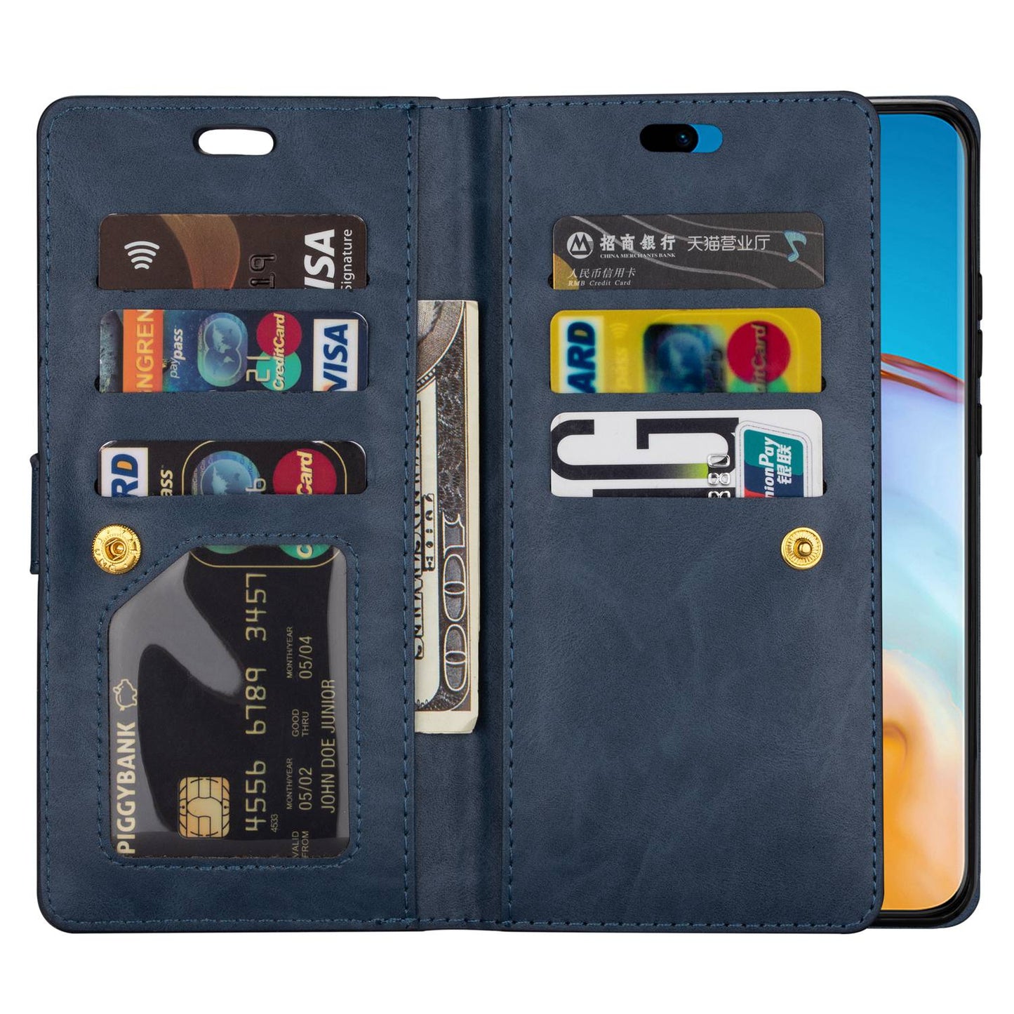 For Samsung Galaxy S24 Ultra Case Zipper Pocket Multiple Card Slots Phone Cover - Blue