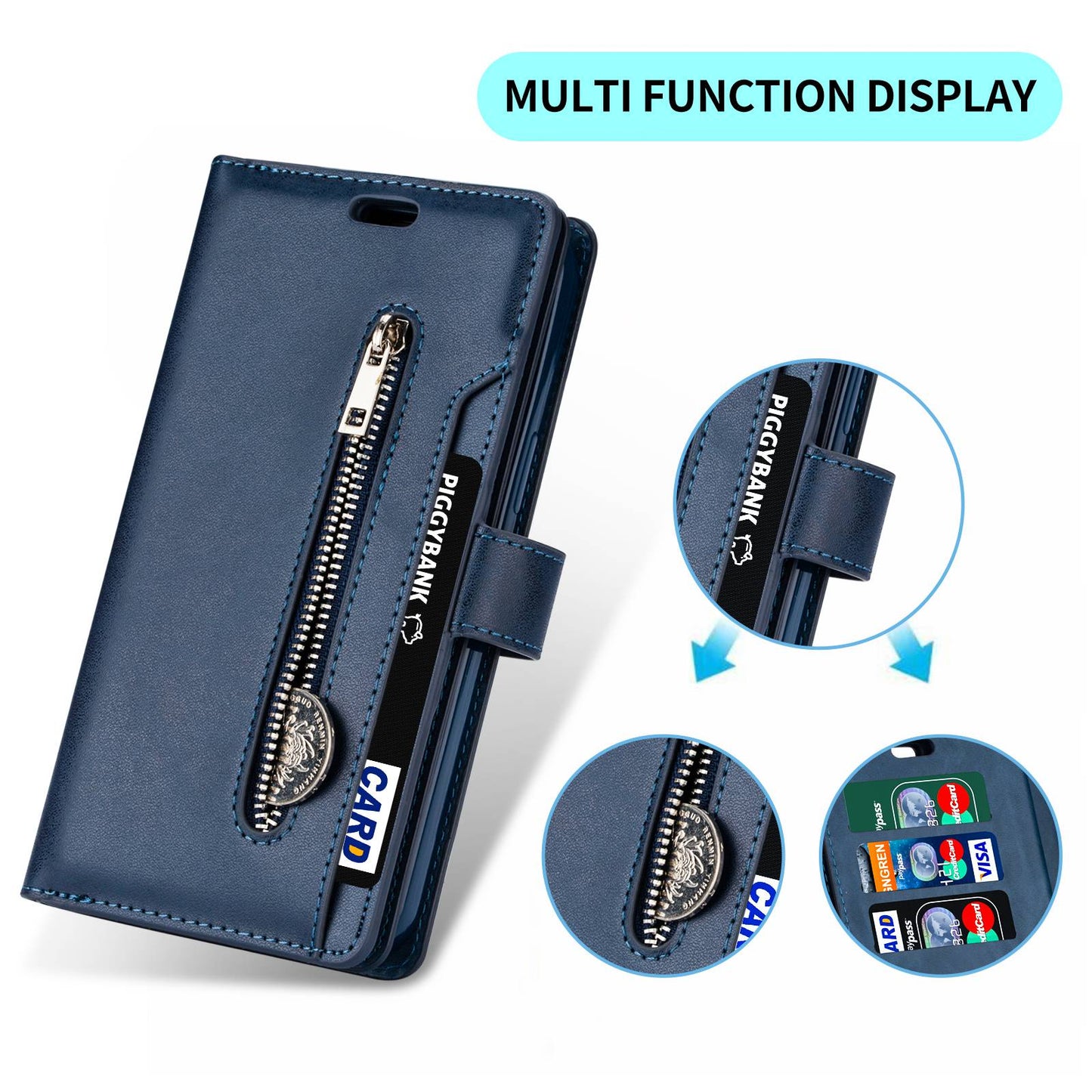 For Samsung Galaxy S24 Ultra Case Zipper Pocket Multiple Card Slots Phone Cover - Blue
