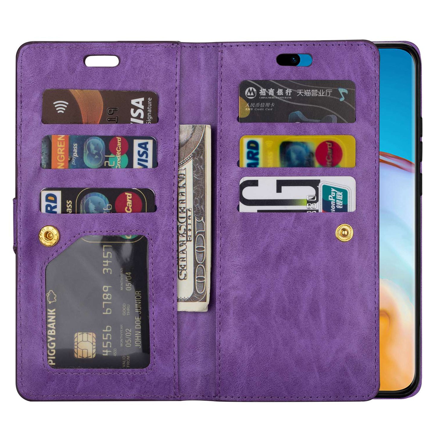 For Samsung Galaxy S24 Ultra Case Zipper Pocket Multiple Card Slots Phone Cover - Purple