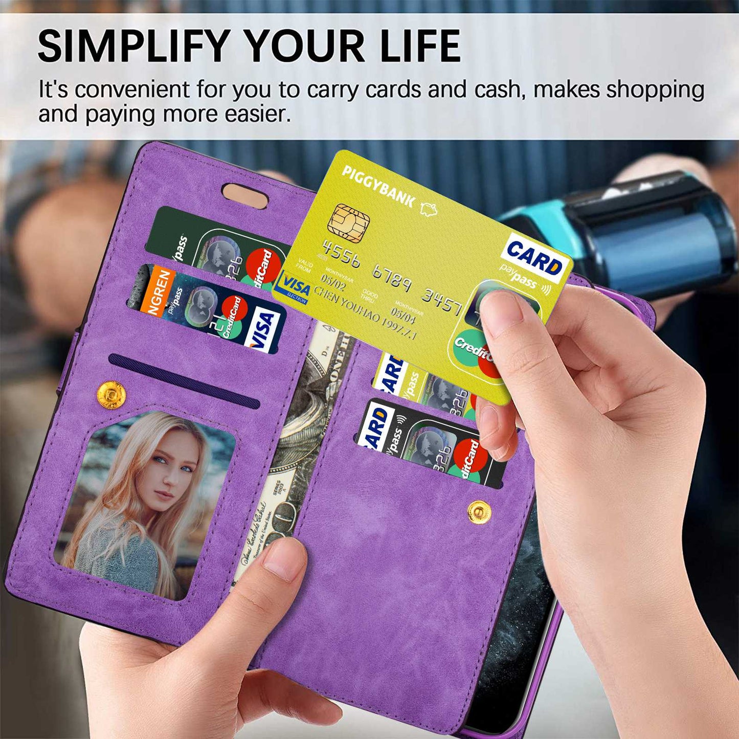 For Samsung Galaxy S24 Ultra Case Zipper Pocket Multiple Card Slots Phone Cover - Purple