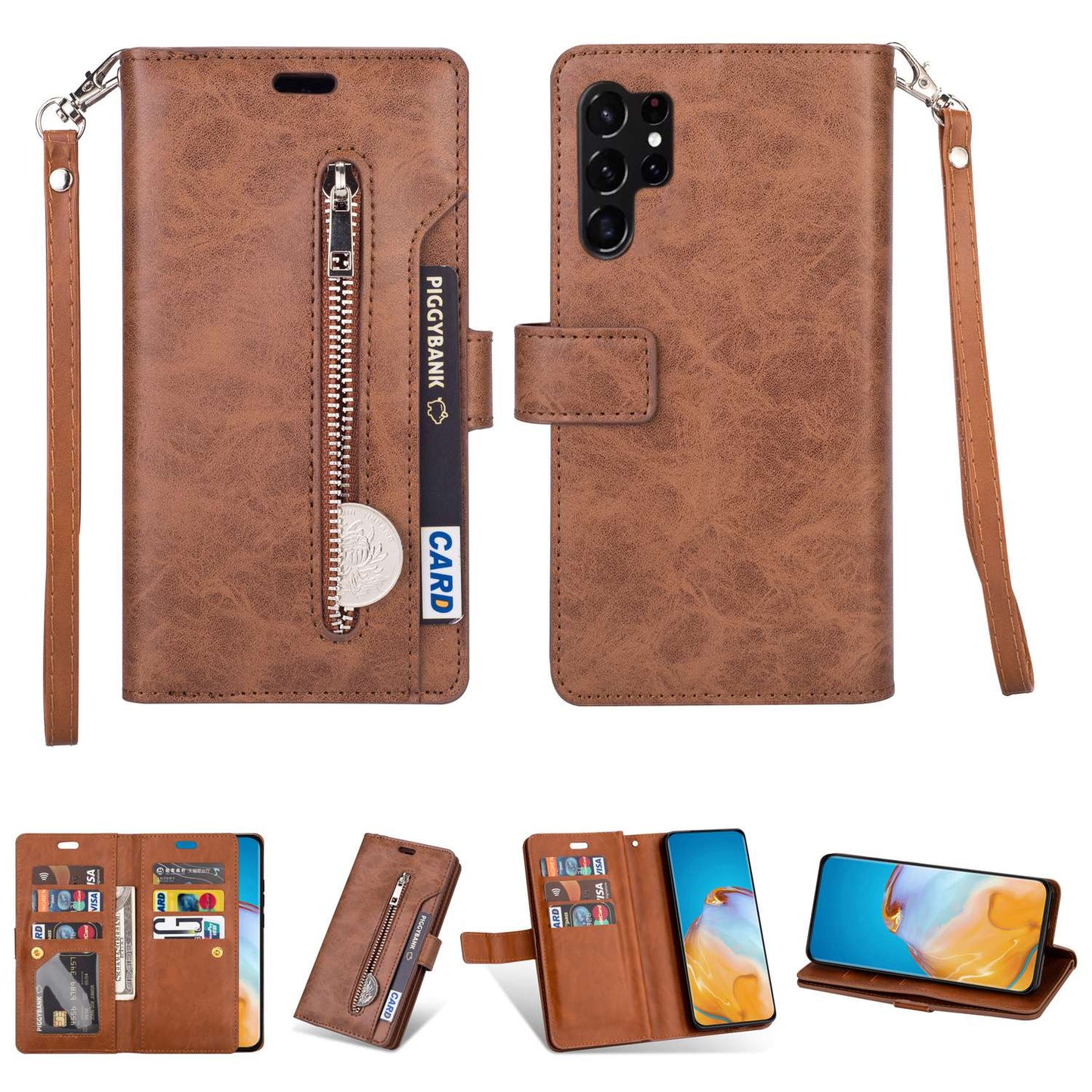 For Samsung Galaxy S24 Ultra Case Zipper Pocket Multiple Card Slots Phone Cover - Brown