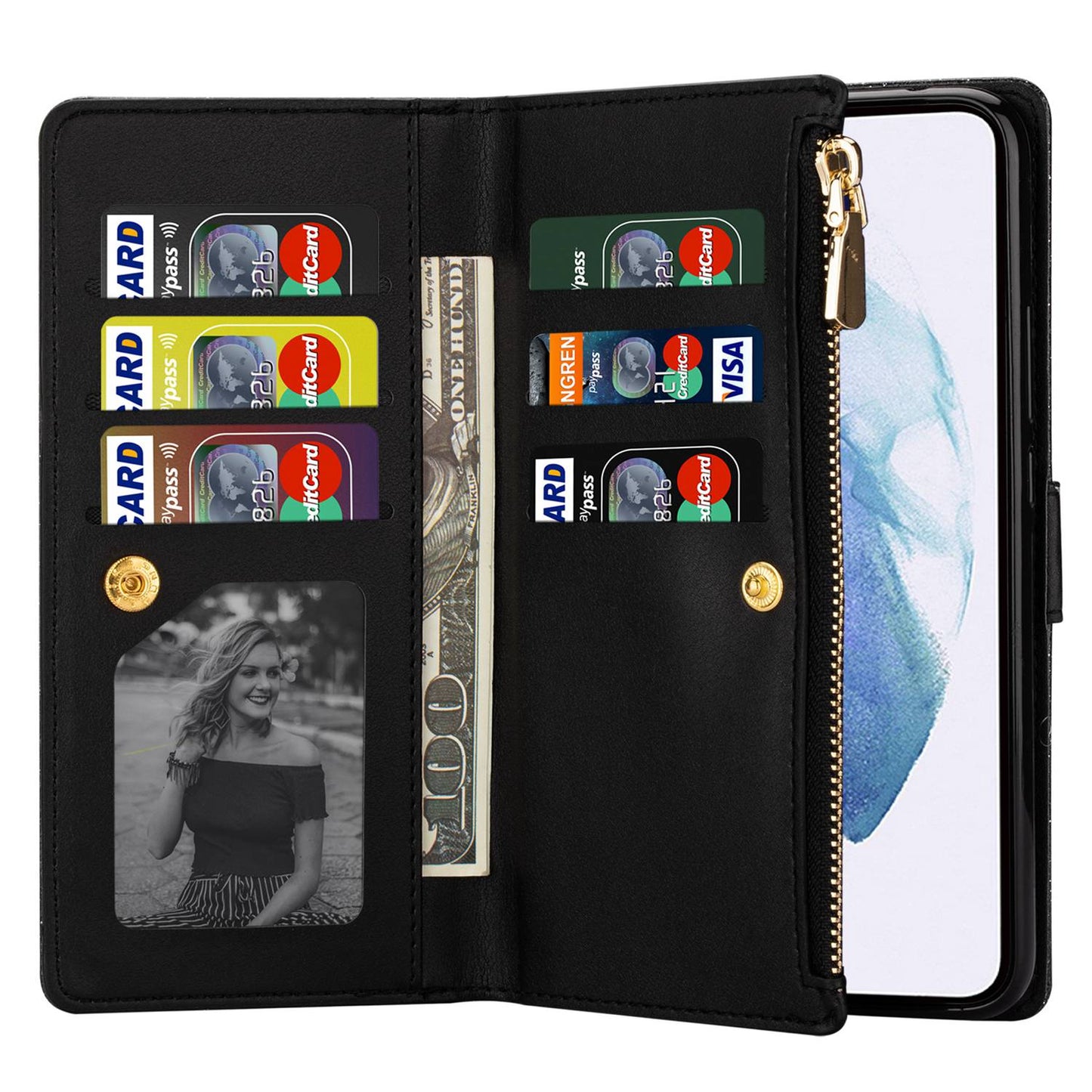For Samsung Galaxy S24+ Case Zipper Wallet Glittery Leather Phone Cover - Black
