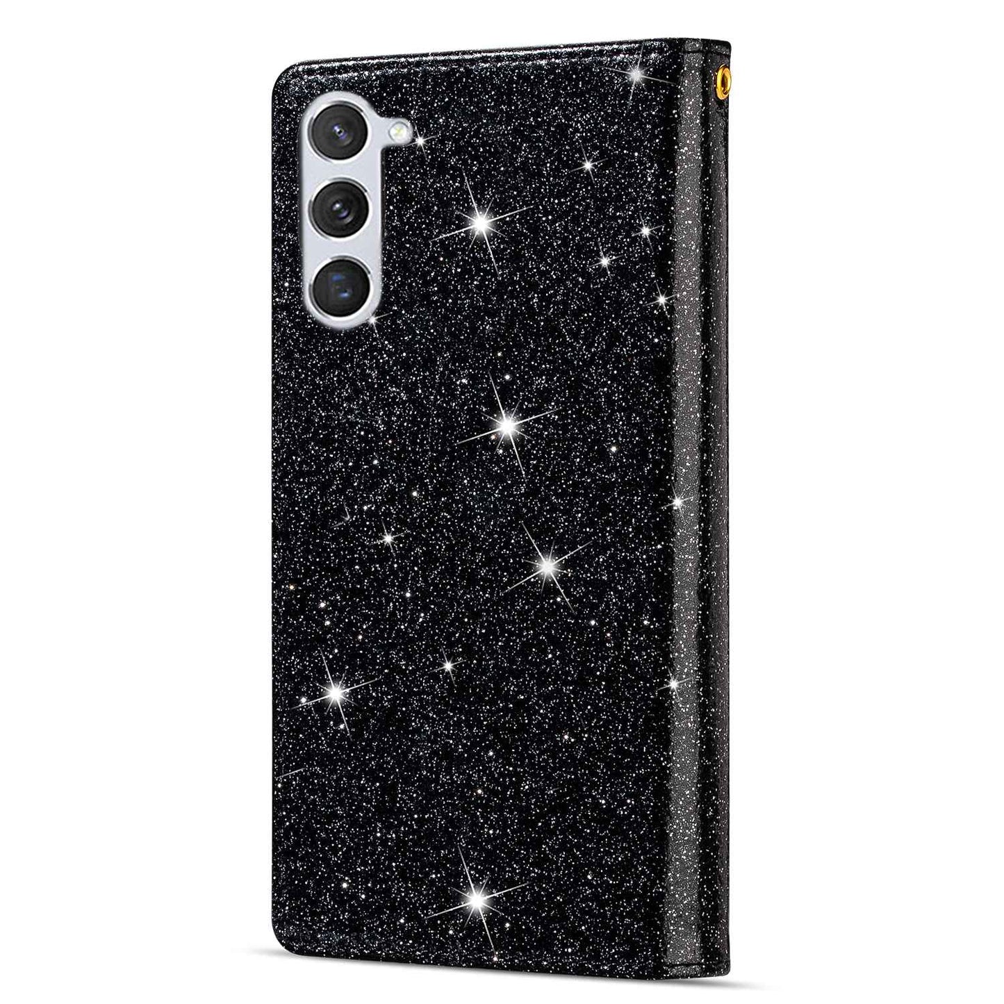 For Samsung Galaxy S24+ Case Zipper Wallet Glittery Leather Phone Cover - Black