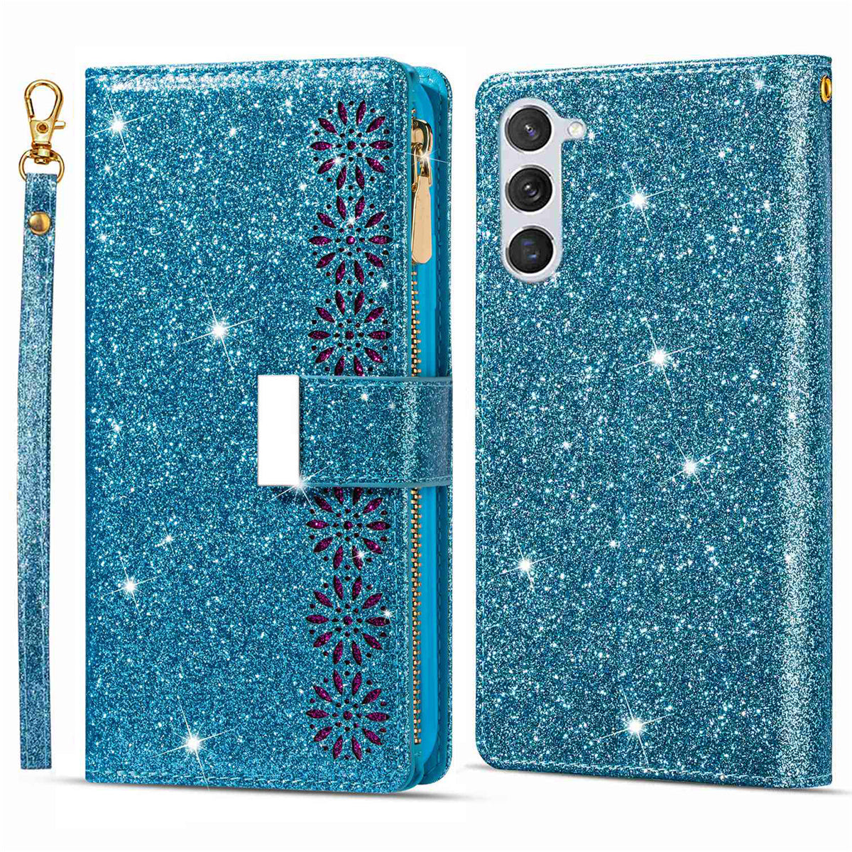 For Samsung Galaxy S24+ Case Zipper Wallet Glittery Leather Phone Cover - Blue