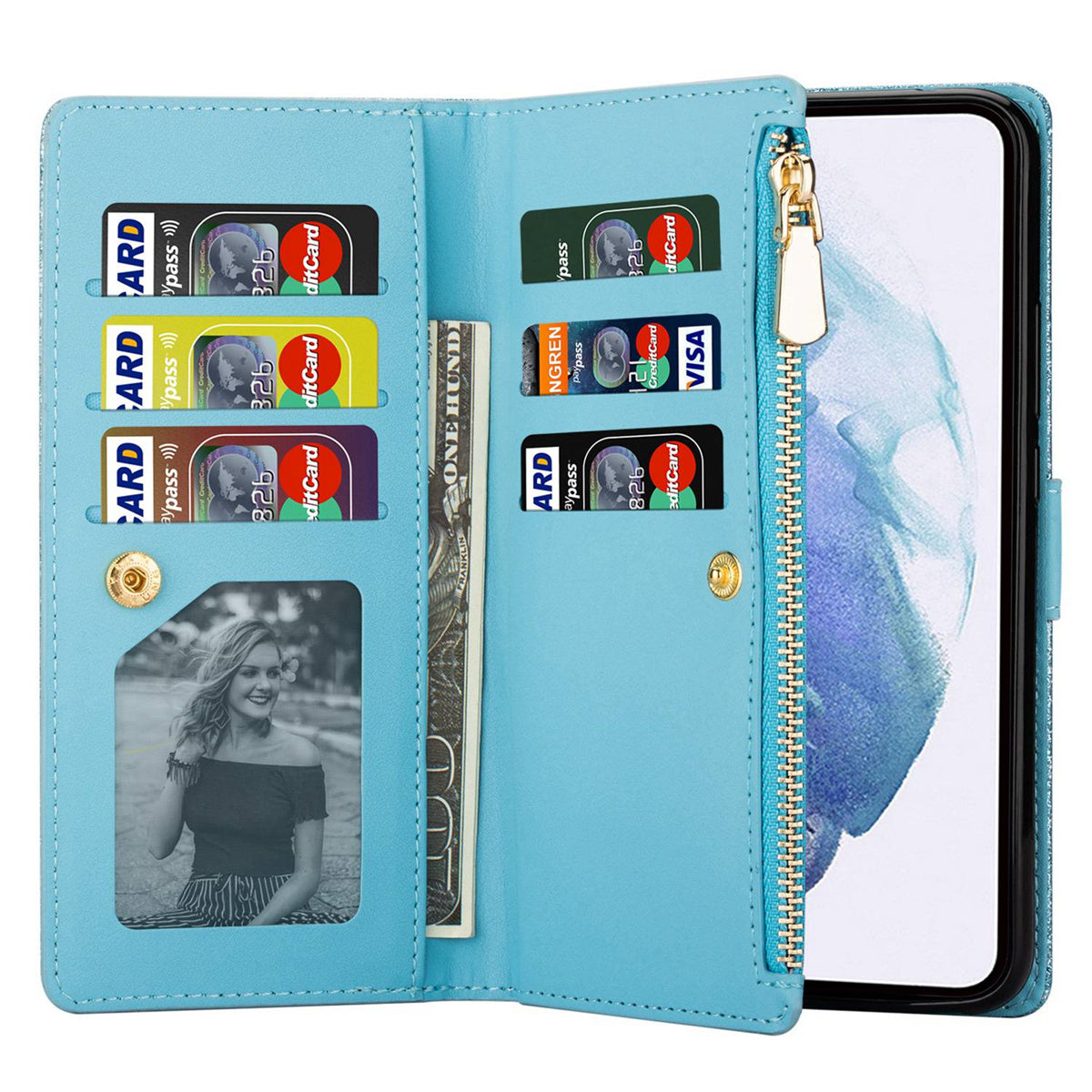 For Samsung Galaxy S24+ Case Zipper Wallet Glittery Leather Phone Cover - Blue