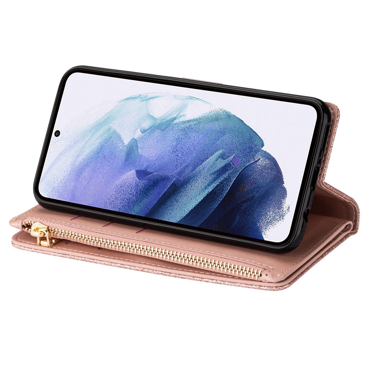 For Samsung Galaxy S24+ Case Zipper Wallet Glittery Leather Phone Cover - Rose Gold