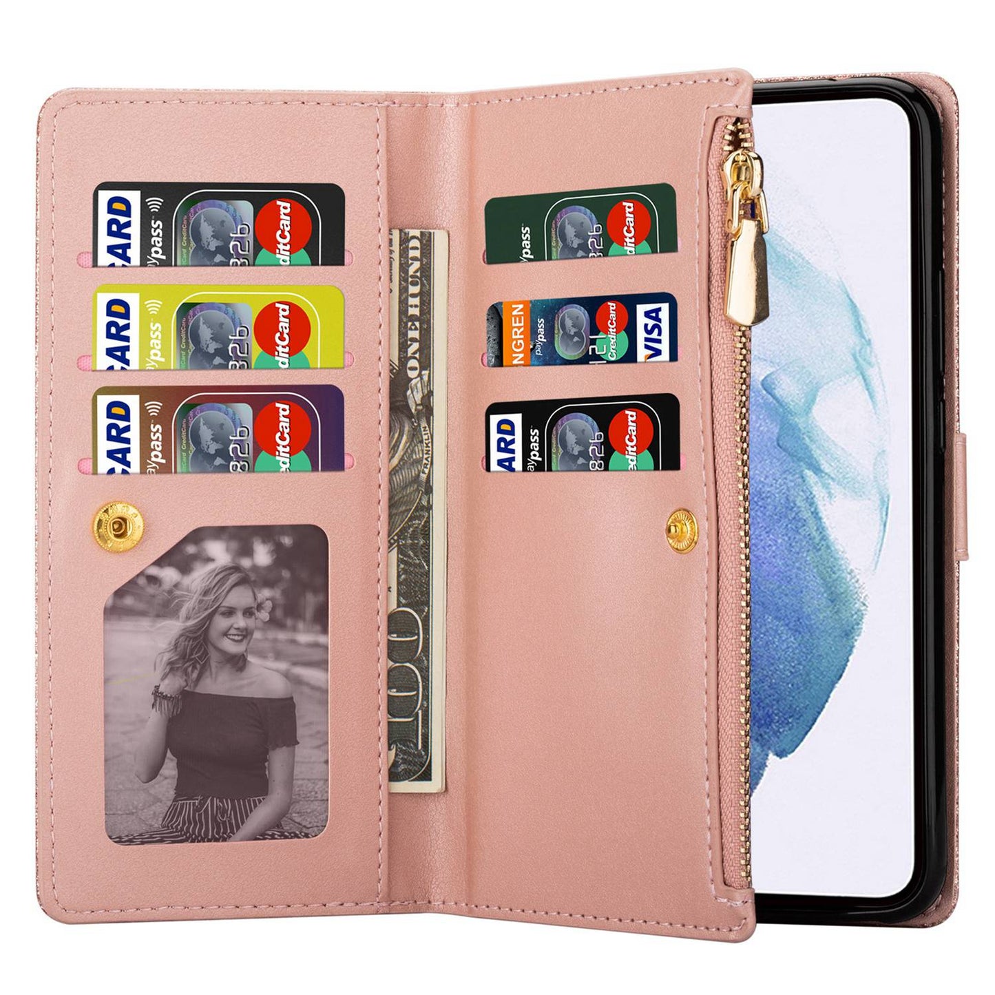 For Samsung Galaxy S24+ Case Zipper Wallet Glittery Leather Phone Cover - Rose Gold