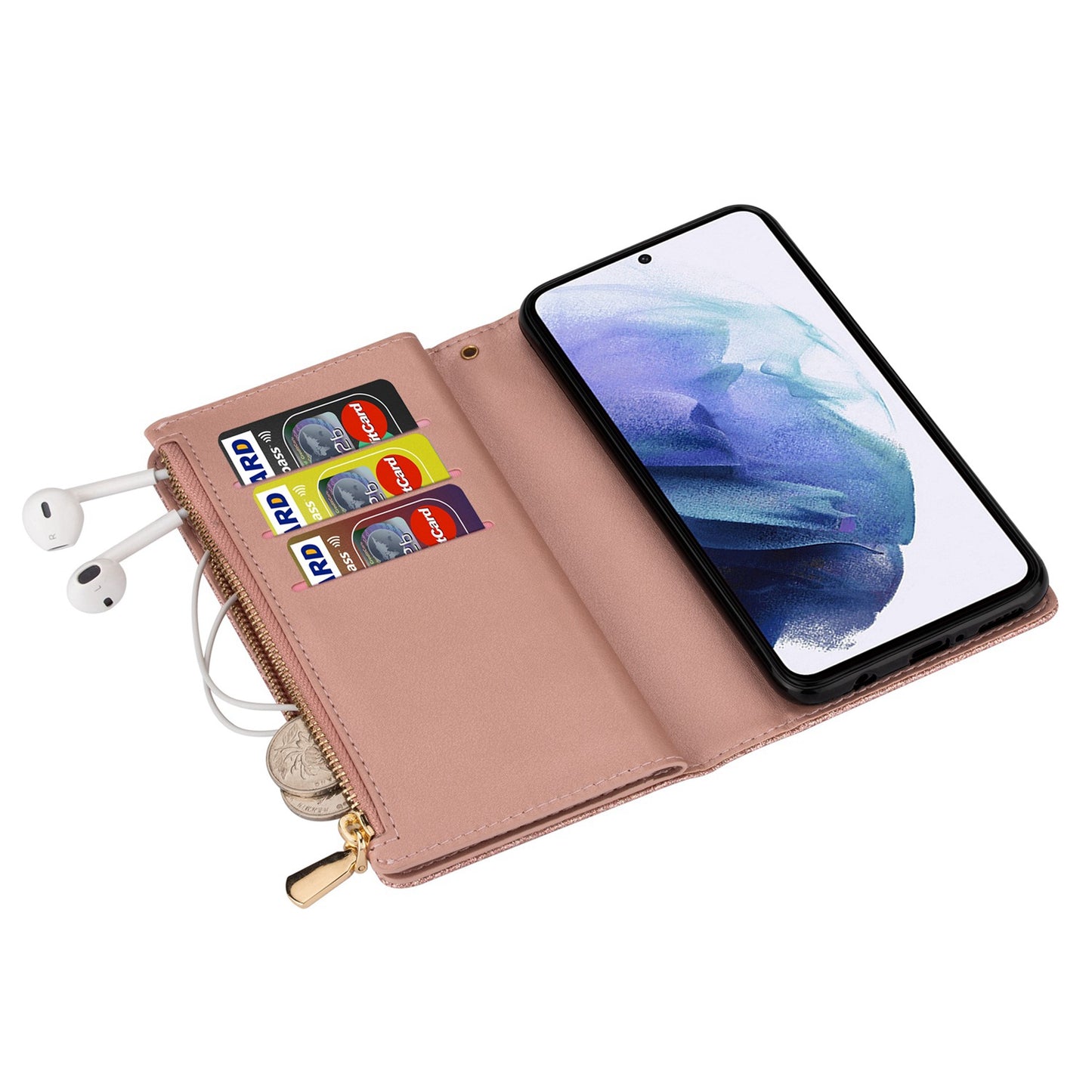 For Samsung Galaxy S24+ Case Zipper Wallet Glittery Leather Phone Cover - Rose Gold