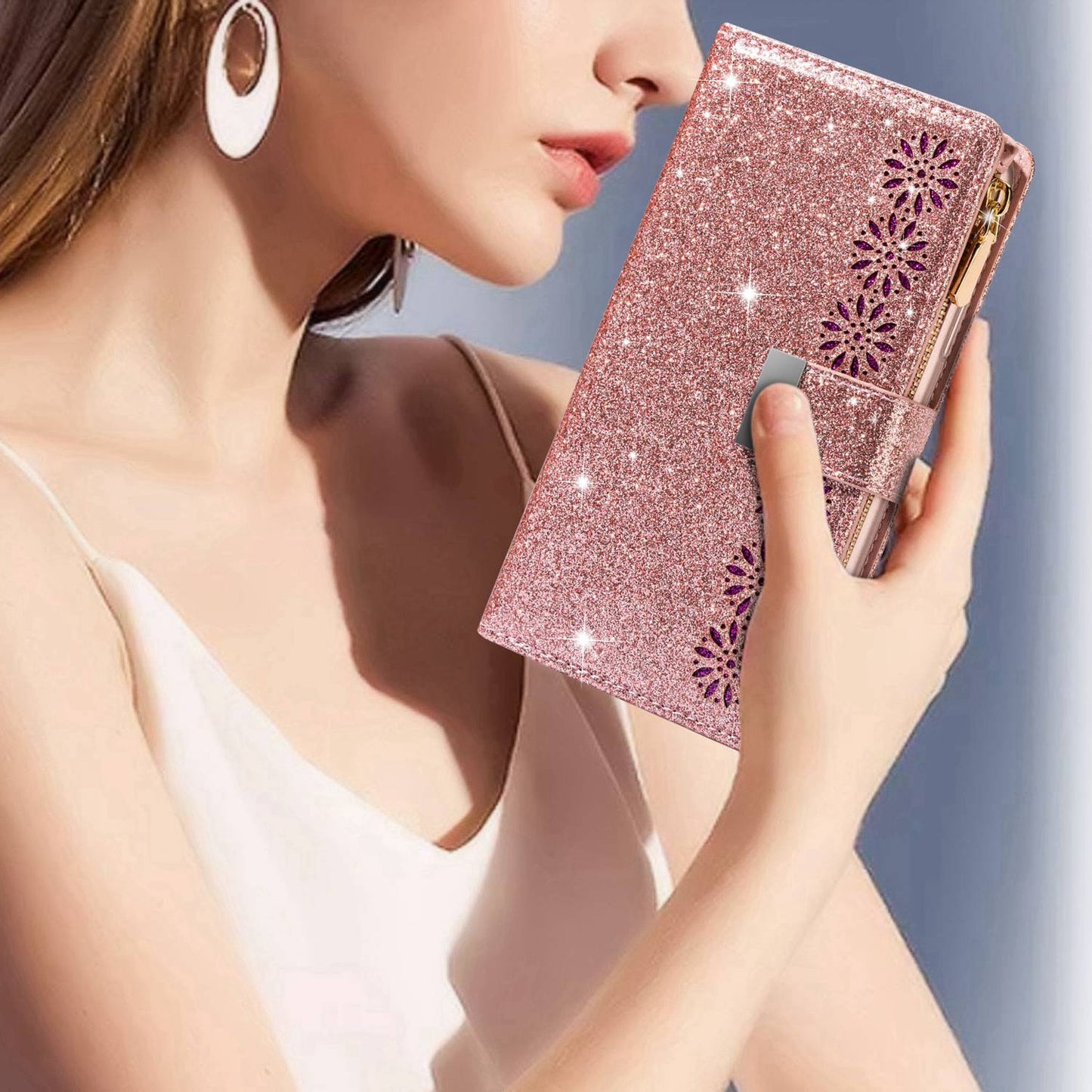 For Samsung Galaxy S24+ Case Zipper Wallet Glittery Leather Phone Cover - Rose Gold