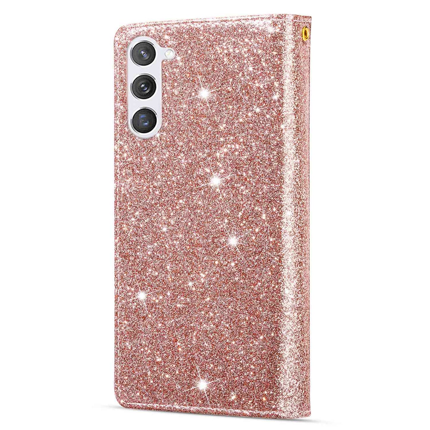 For Samsung Galaxy S24+ Case Zipper Wallet Glittery Leather Phone Cover - Rose Gold