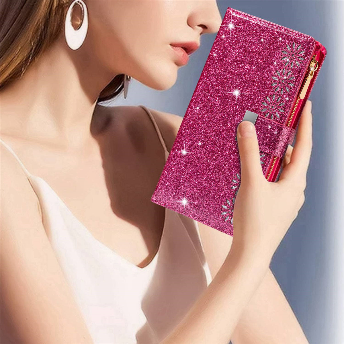 For Samsung Galaxy S24+ Case Zipper Wallet Glittery Leather Phone Cover - Rose
