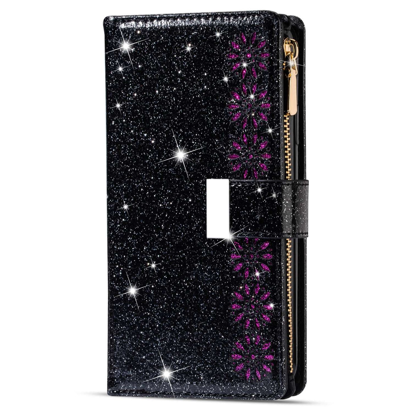 For Samsung Galaxy S24 Case Laser Carving Leather Phone Cover with Zipper Wallet - Black