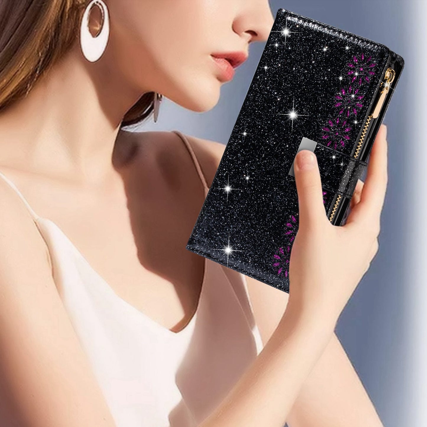For Samsung Galaxy S24 Ultra Leather Case Zipper Wallet Glittery Phone Cover - Black