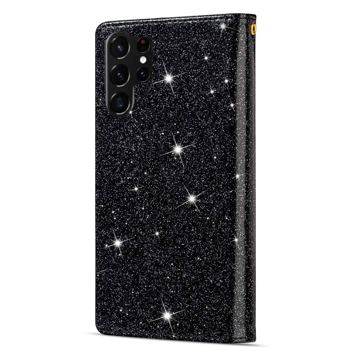 For Samsung Galaxy S24 Ultra Leather Case Zipper Wallet Glittery Phone Cover - Black