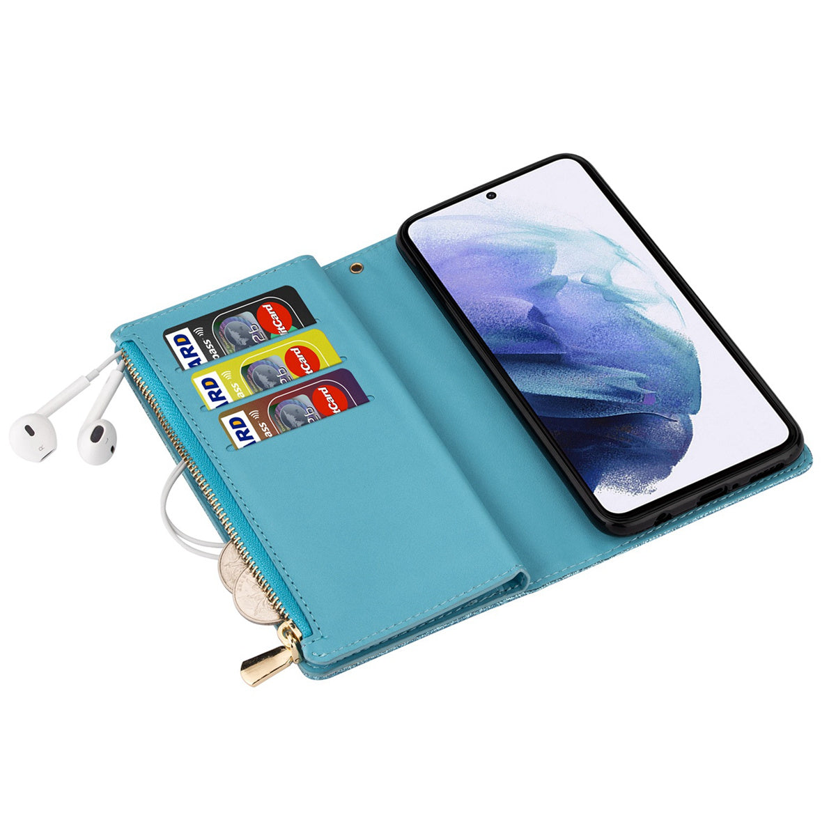 For Samsung Galaxy S24 Ultra Leather Case Zipper Wallet Glittery Phone Cover - Blue