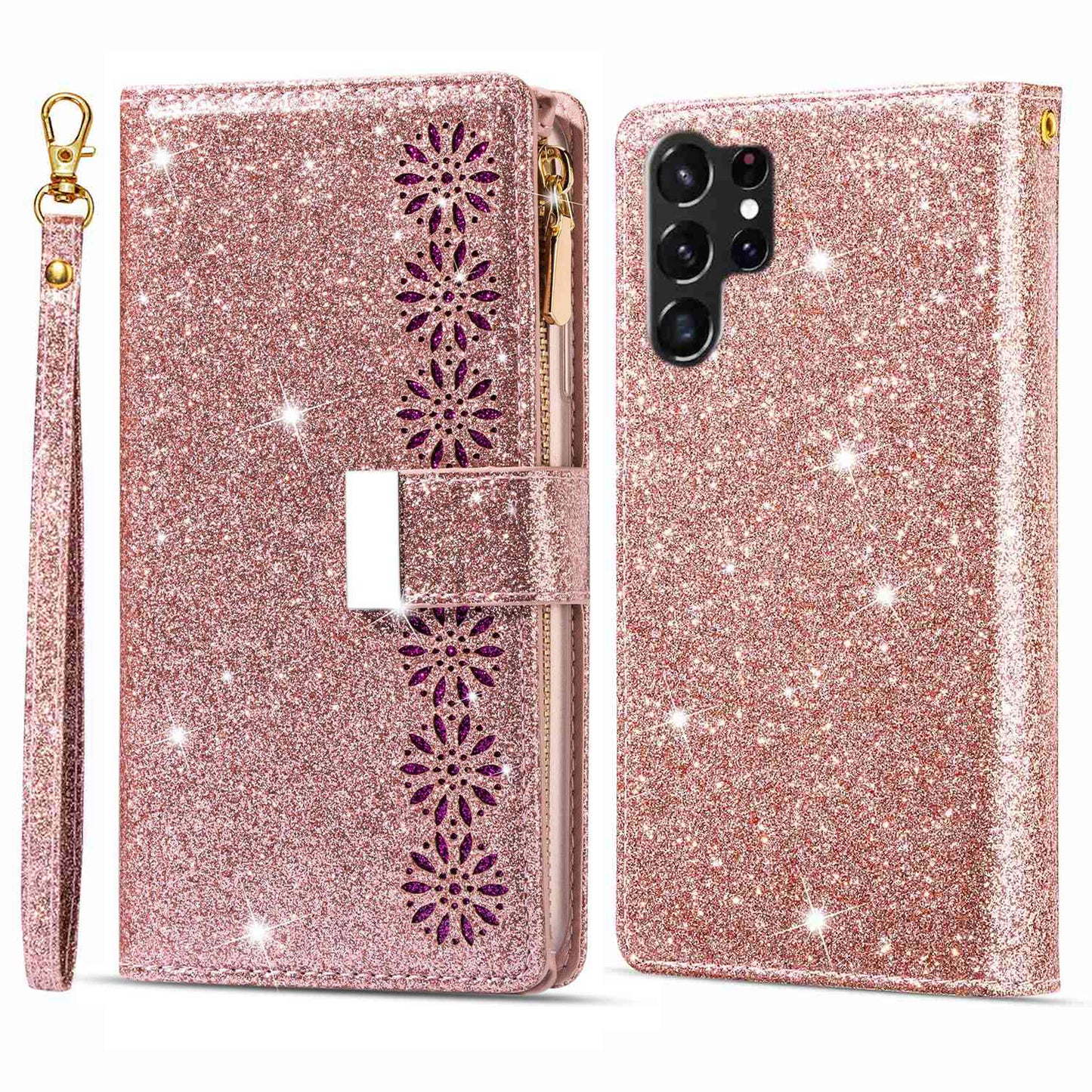 For Samsung Galaxy S24 Ultra Leather Case Zipper Wallet Glittery Phone Cover - Rose Gold