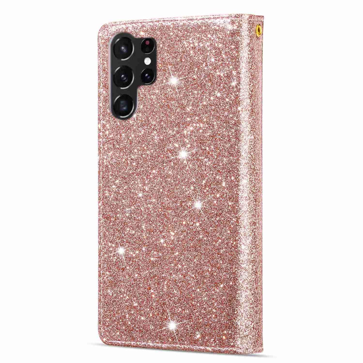 For Samsung Galaxy S24 Ultra Leather Case Zipper Wallet Glittery Phone Cover - Rose Gold