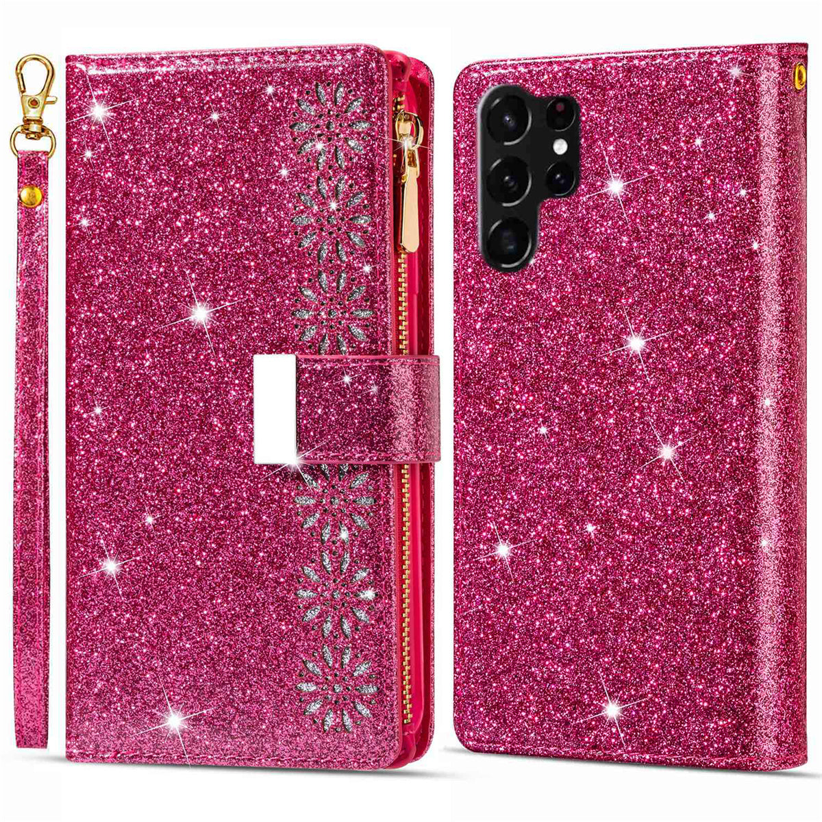 For Samsung Galaxy S24 Ultra Leather Case Zipper Wallet Glittery Phone Cover - Rose
