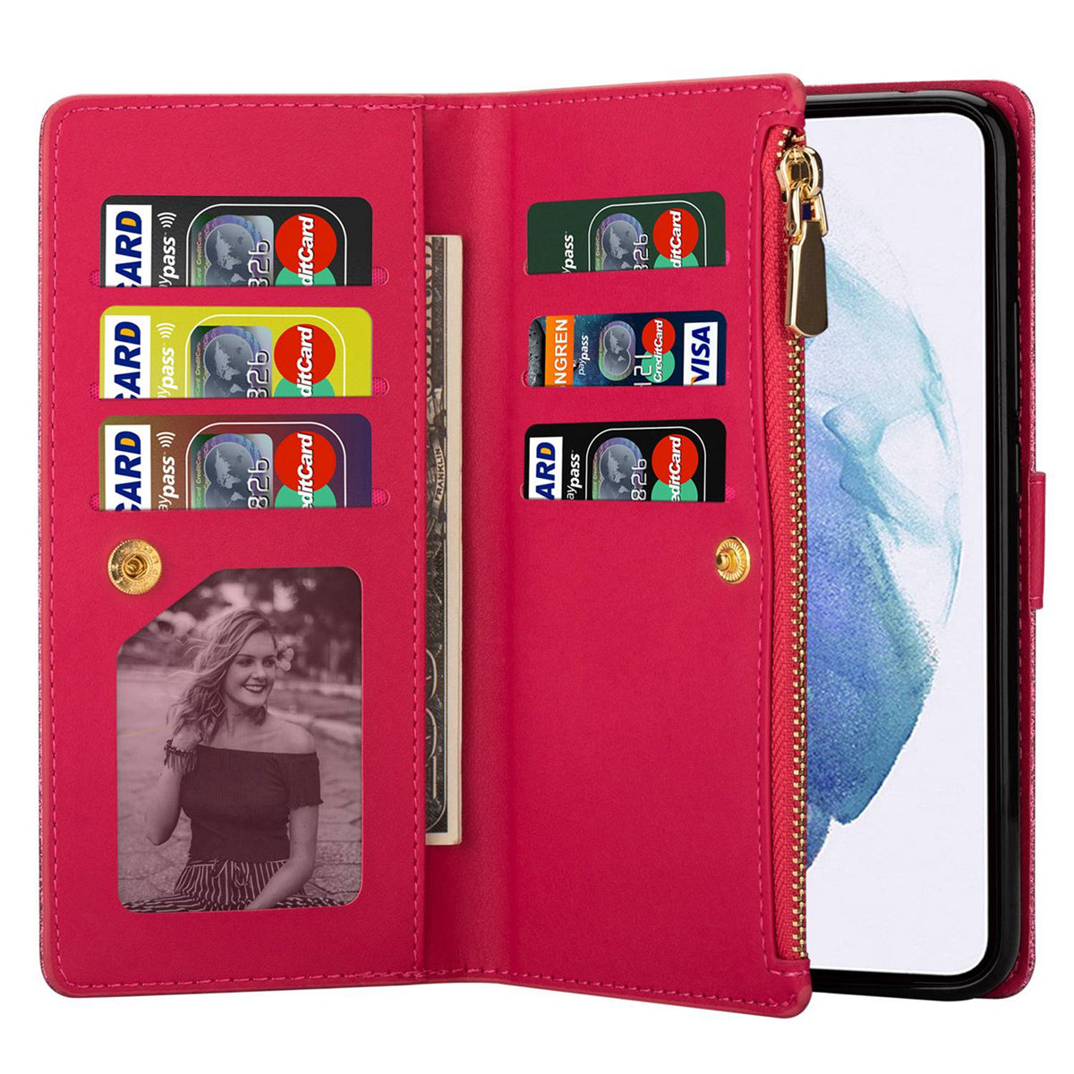 For Samsung Galaxy S24 Ultra Leather Case Zipper Wallet Glittery Phone Cover - Rose