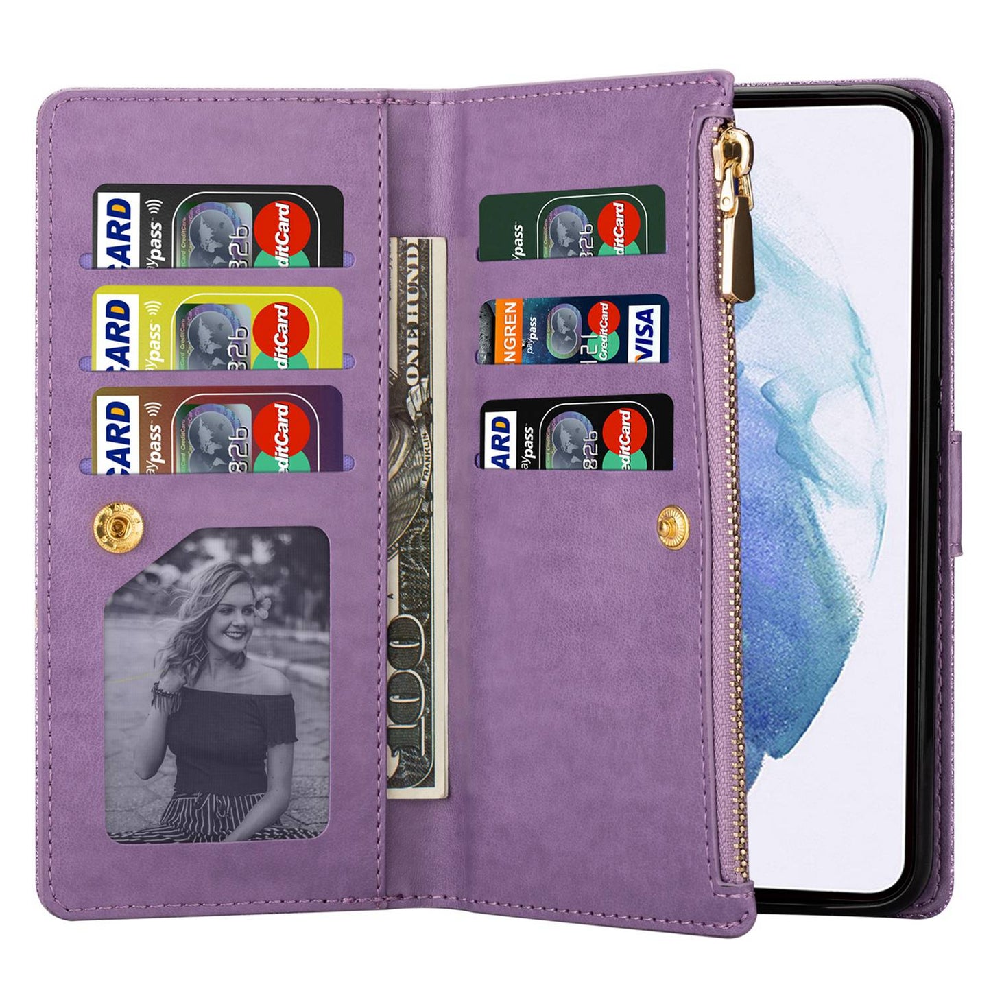 For Samsung Galaxy S24 Ultra Leather Case Zipper Wallet Glittery Phone Cover - Purple