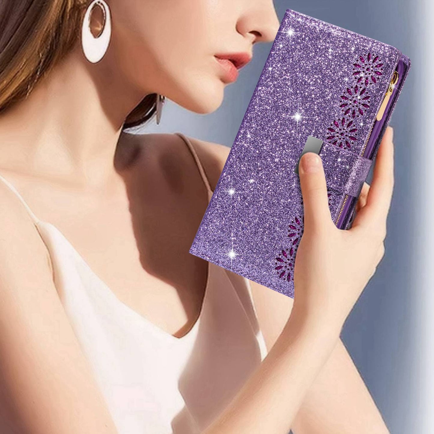 For Samsung Galaxy S24 Ultra Leather Case Zipper Wallet Glittery Phone Cover - Purple