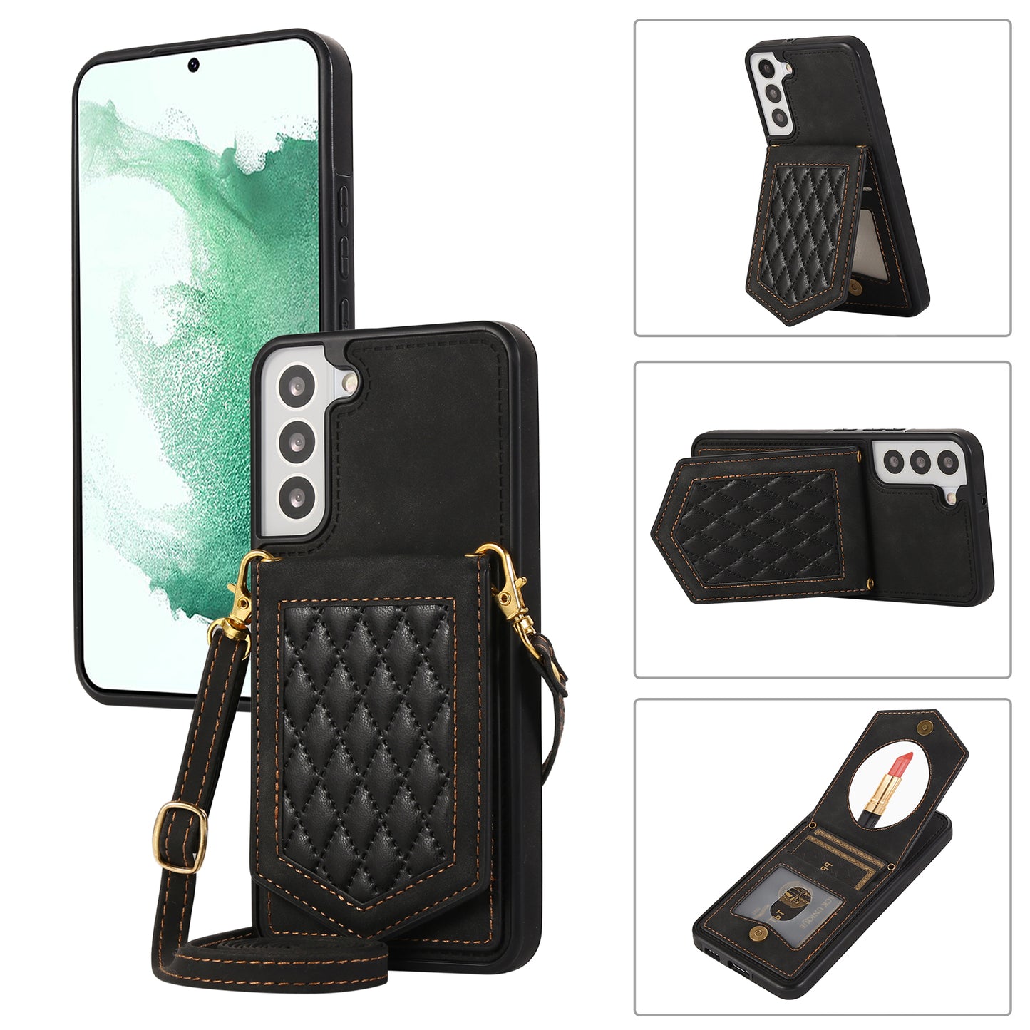 For Samsung Galaxy S24 Card Holder Cover Mirror Design Phone Case with Shoulder Strap - Black
