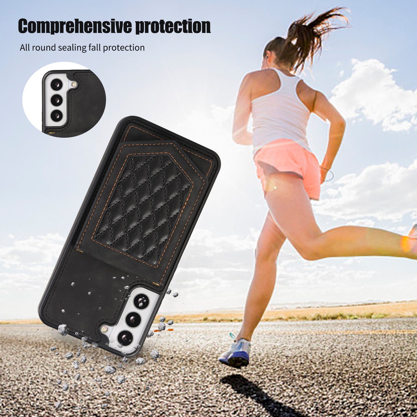For Samsung Galaxy S24 Card Holder Cover Mirror Design Phone Case with Shoulder Strap - Black