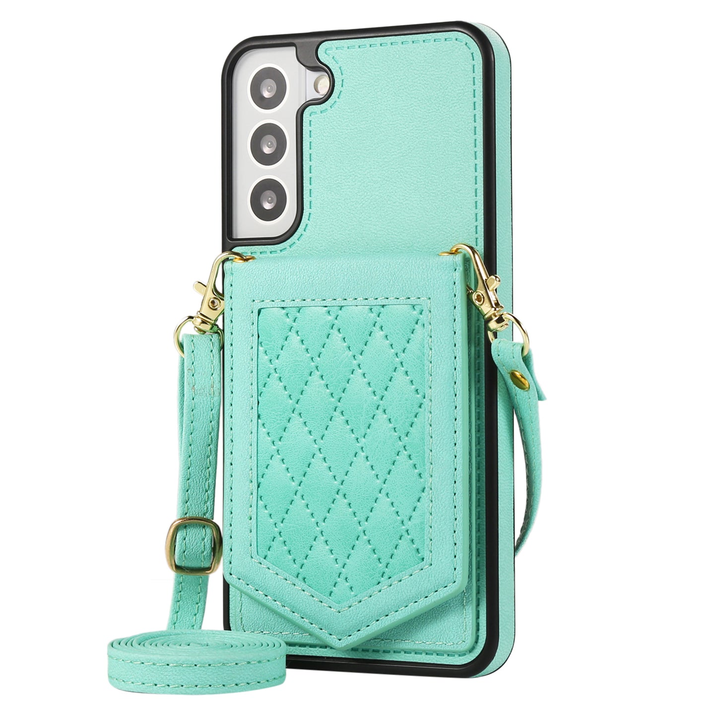 For Samsung Galaxy S24 Card Holder Cover Mirror Design Phone Case with Shoulder Strap - Mint Green