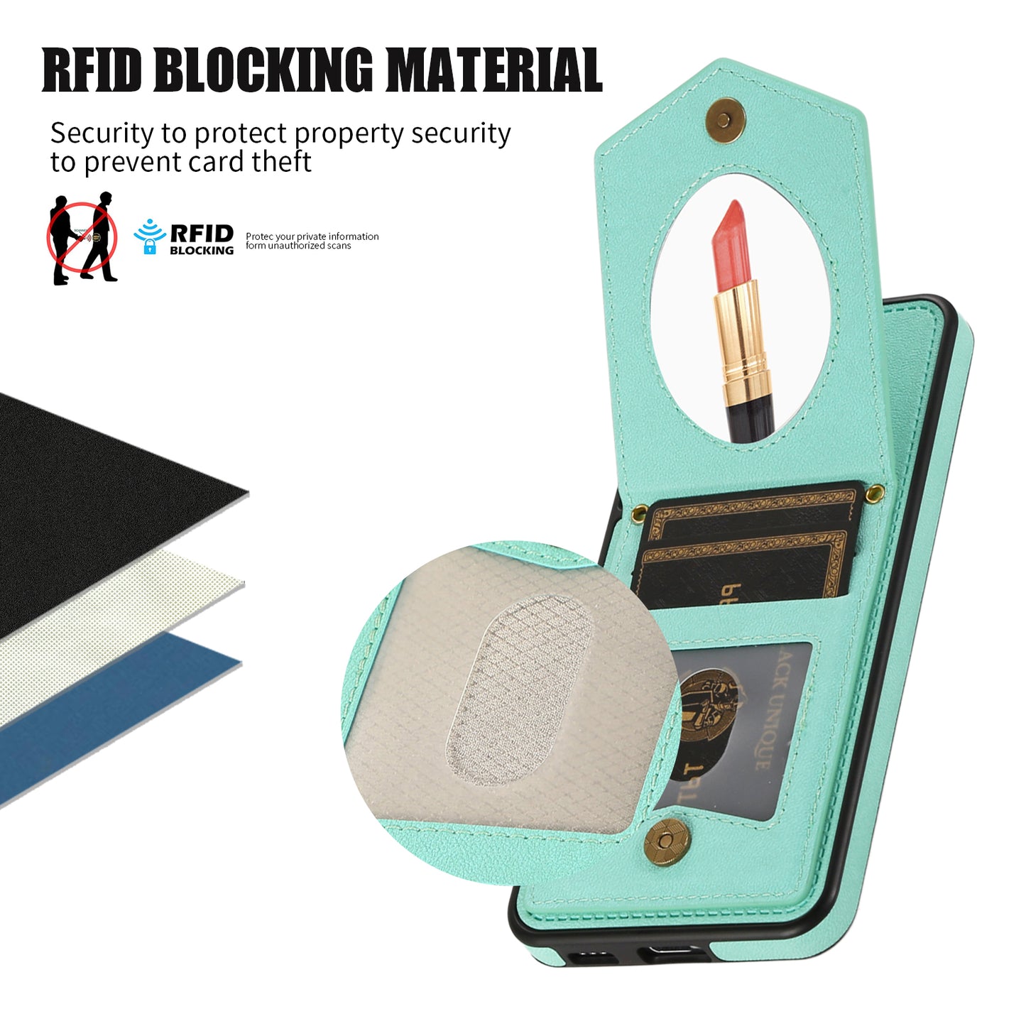For Samsung Galaxy S24 Card Holder Cover Mirror Design Phone Case with Shoulder Strap - Mint Green