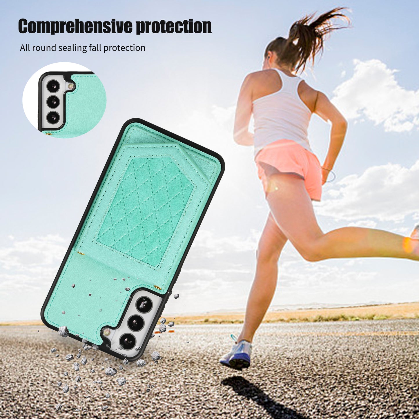 For Samsung Galaxy S24 Card Holder Cover Mirror Design Phone Case with Shoulder Strap - Mint Green
