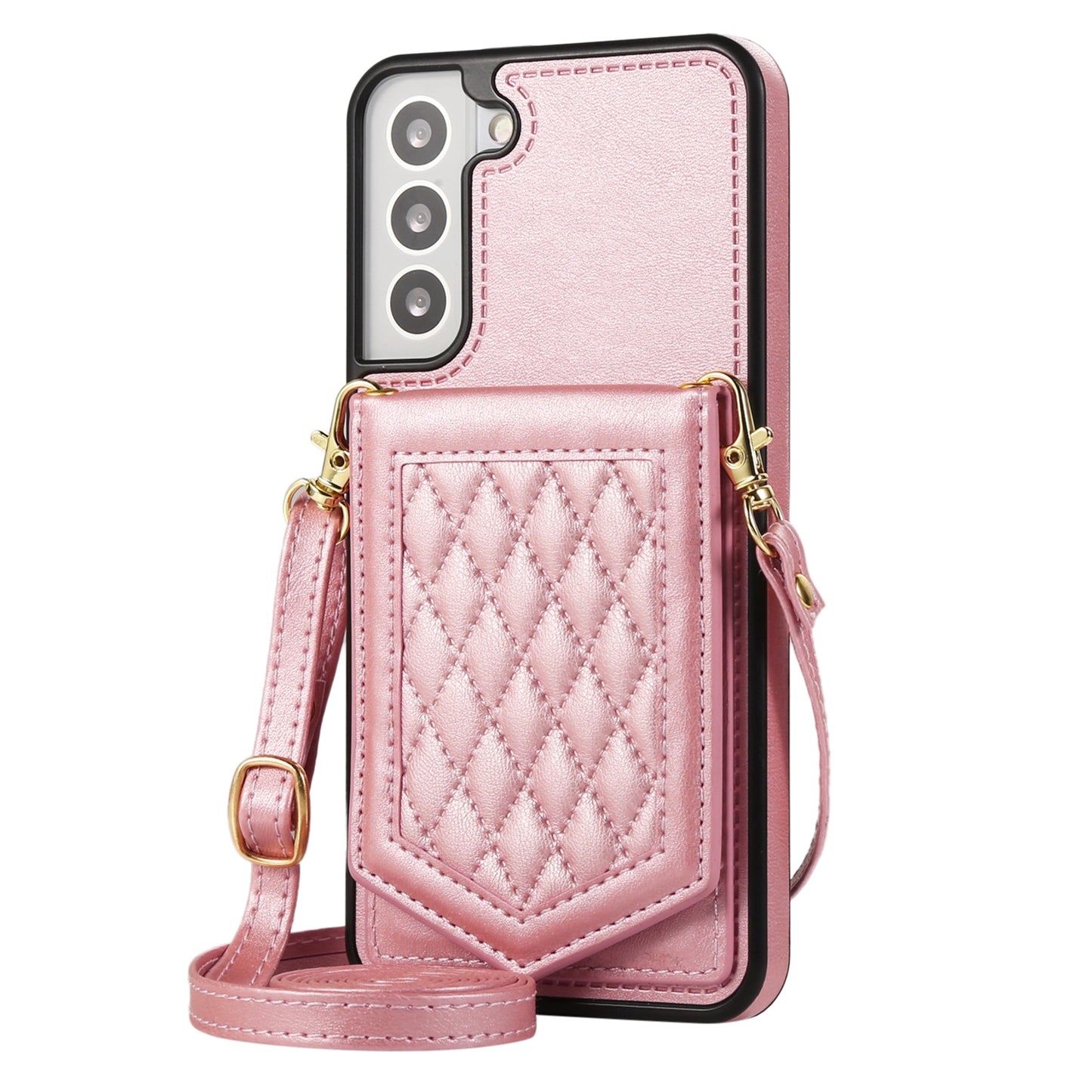 For Samsung Galaxy S24 Card Holder Cover Mirror Design Phone Case with Shoulder Strap - Rose Gold