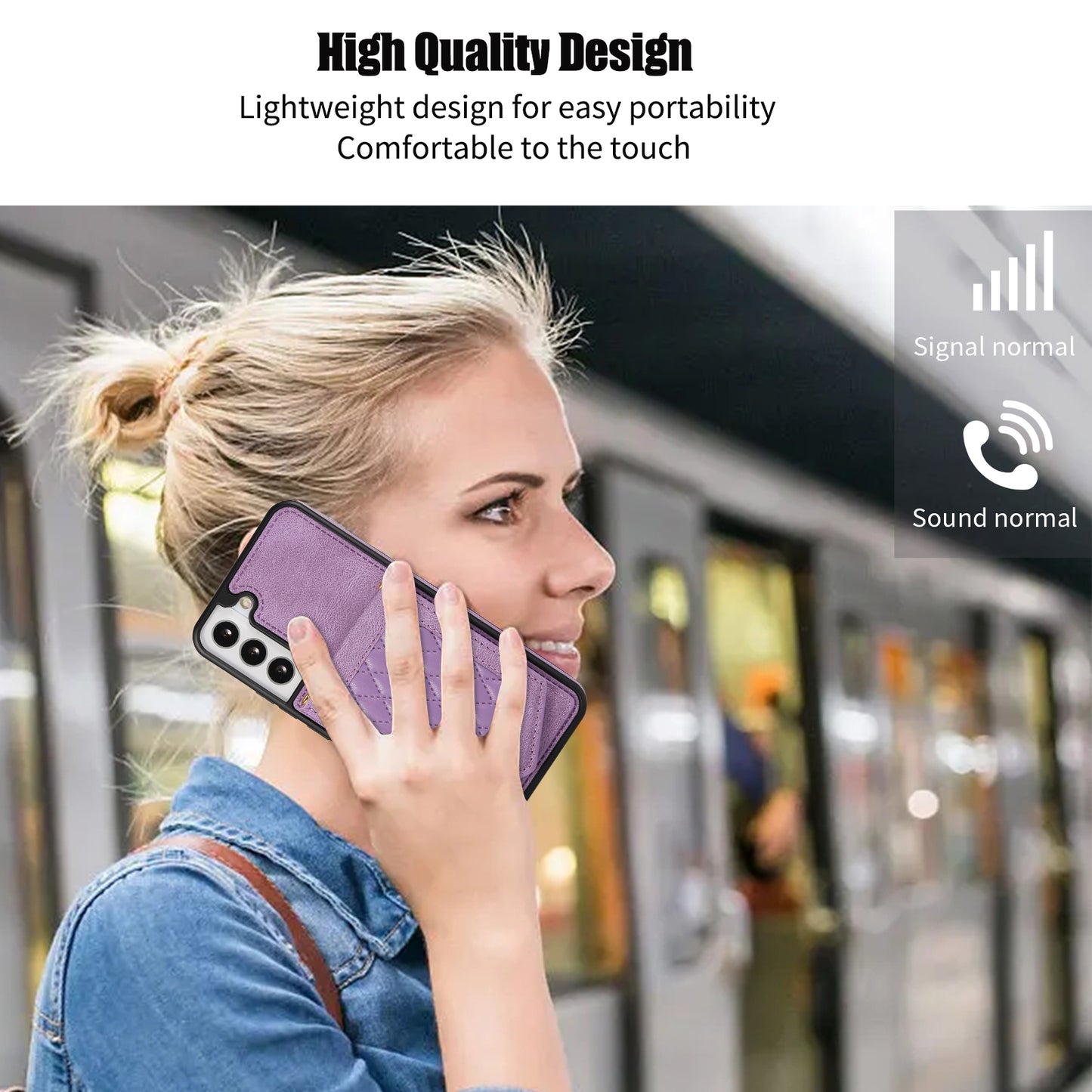 For Samsung Galaxy S24 Card Holder Cover Mirror Design Phone Case with Shoulder Strap - Purple