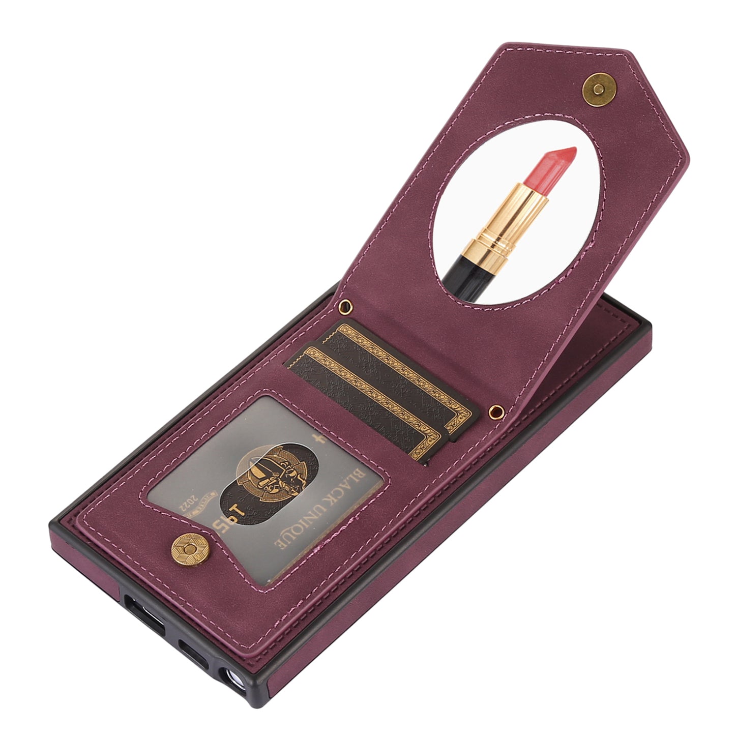 For Samsung Galaxy S24 Ultra Phone Case Kickstand Make Up Mirror Cover with Shoulder Strap - Wine Red