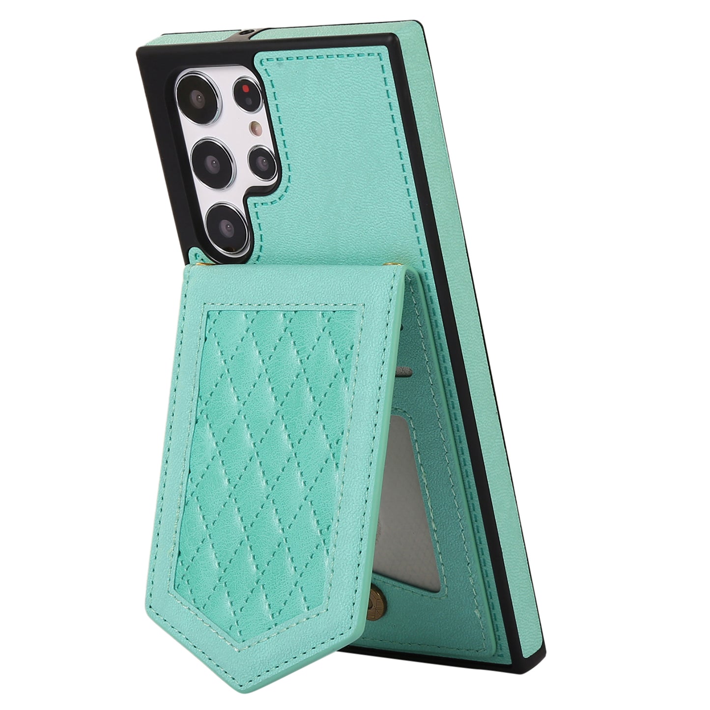 For Samsung Galaxy S24 Ultra Phone Case Kickstand Make Up Mirror Cover with Shoulder Strap - Mint Green