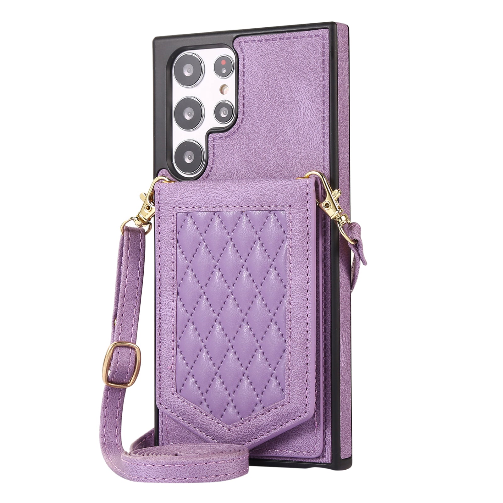 For Samsung Galaxy S24 Ultra Phone Case Kickstand Make Up Mirror Cover with Shoulder Strap - Purple