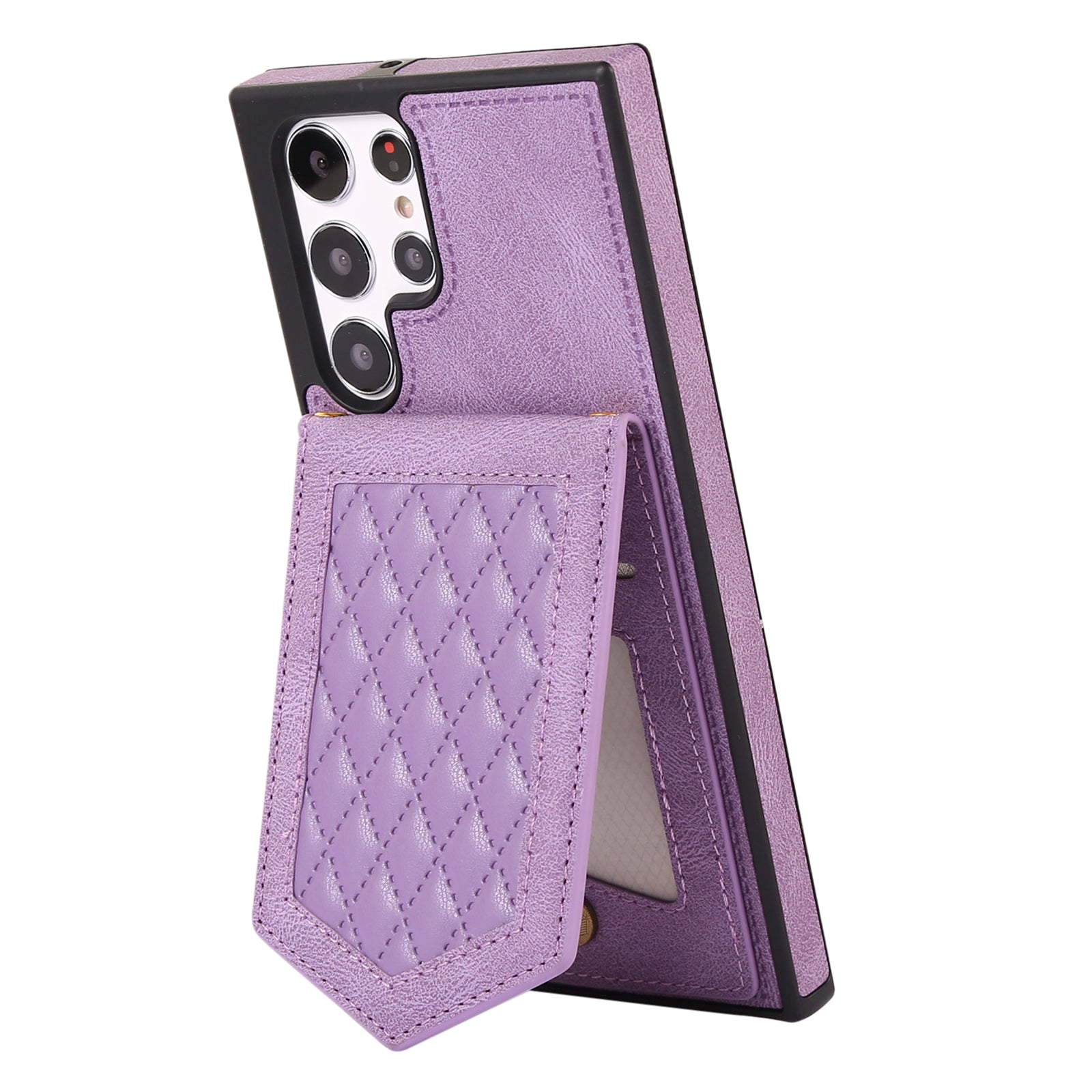 For Samsung Galaxy S24 Ultra Phone Case Kickstand Make Up Mirror Cover with Shoulder Strap - Purple